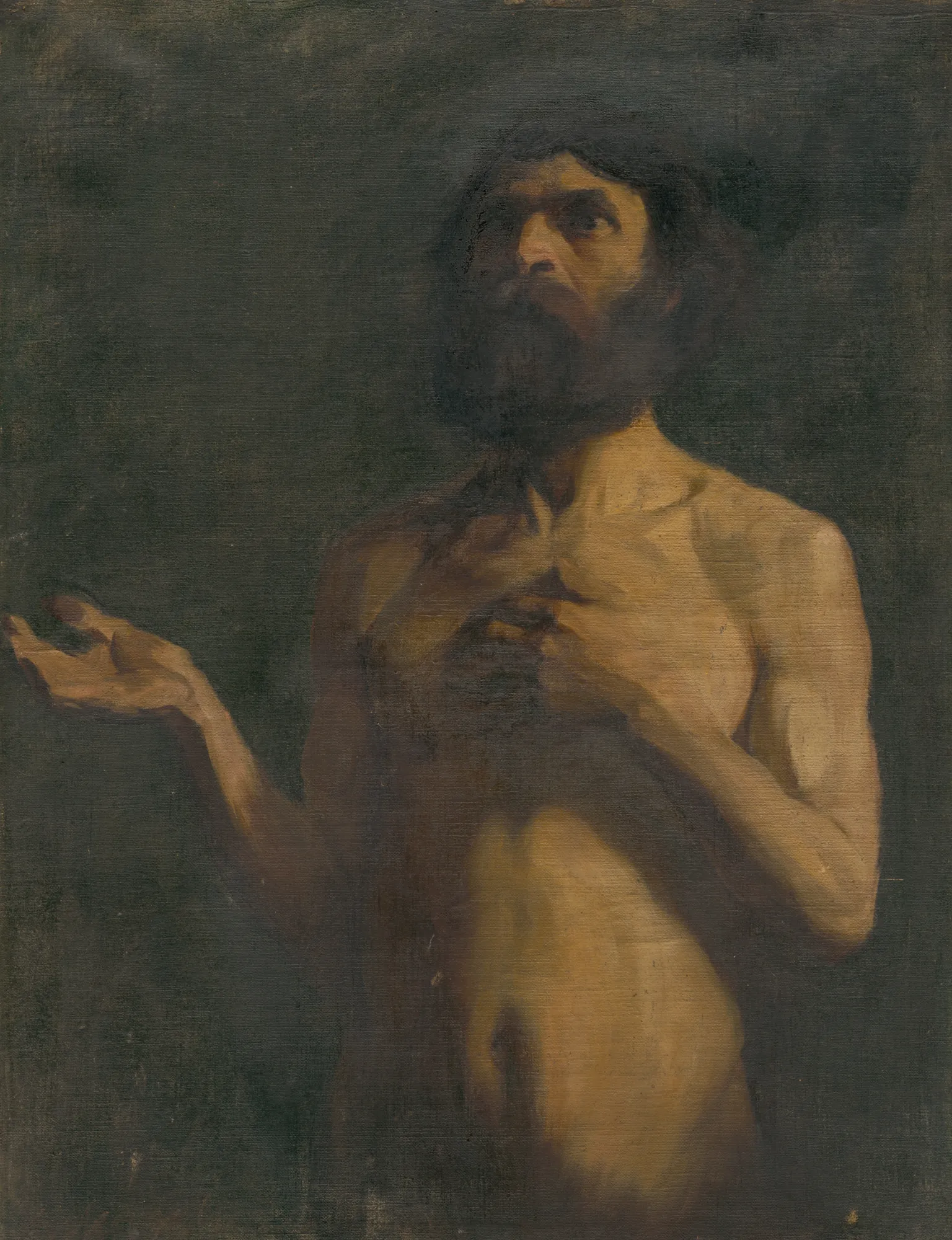 Study of a Nude Man Study of a Nude Man by Géza Kukán. An oil painting depicting a bearded man from the waist up, his torso bare as he looks upward into a pool of warm light against a dark background.