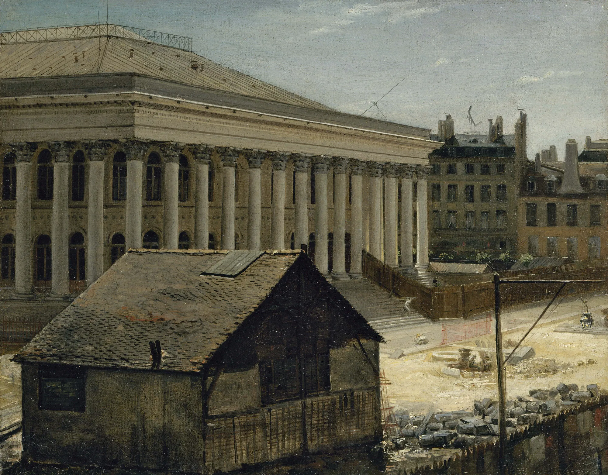 The Paris Bourse Under Construction The Paris Bourse Under Construction by Étienne Bouhot. A grand neoclassical building with towering columns stands partially completed behind a wooden shed and a dusty construction site.