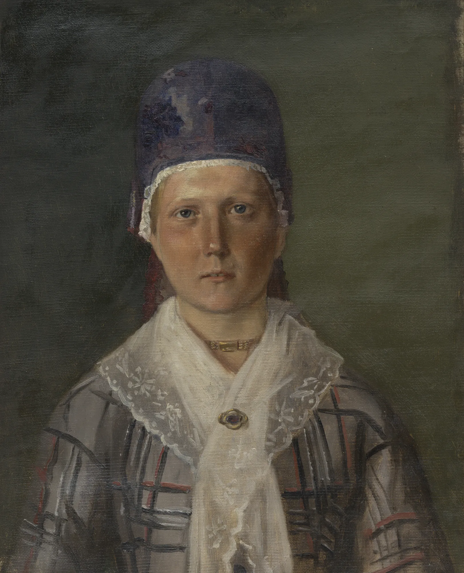 Els Muikmann Els Muikmann by Eduard von Gebhardt. A dignified oil portrait of a woman wearing a tall blue headpiece, a lace-trimmed white shawl, and a plaid garment.