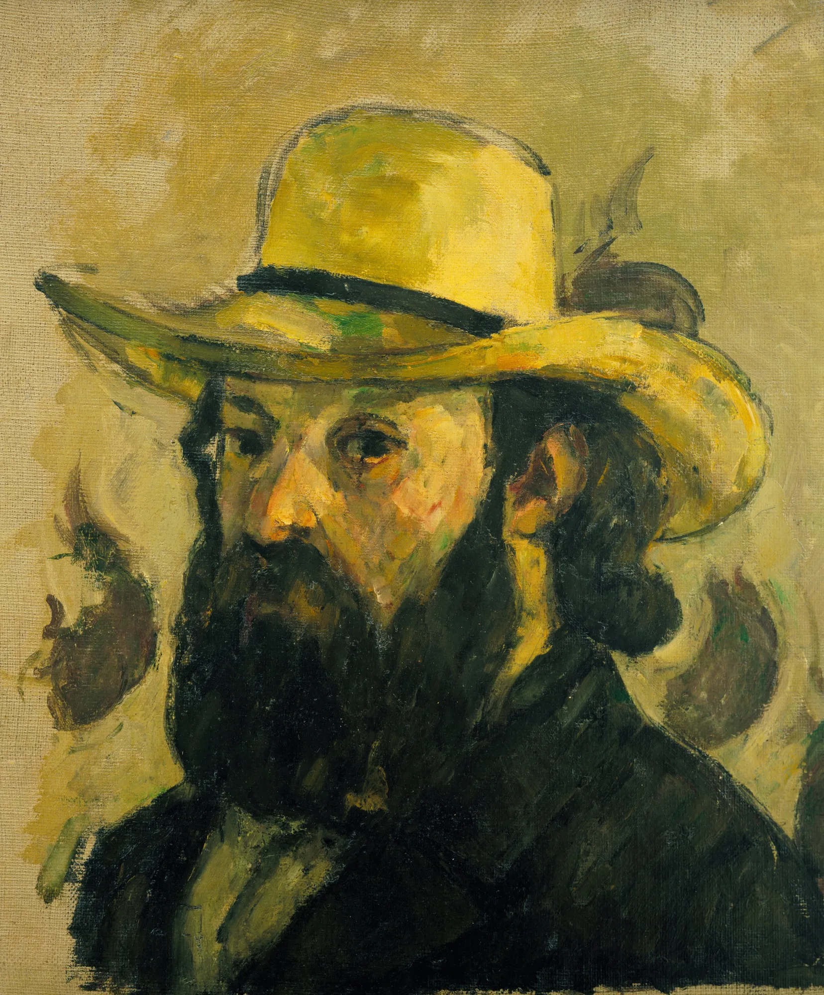 Self-Portrait in a Straw Hat Self-Portrait in a Straw Hat by Paul Cézanne. A painterly self-portrait of a bearded man wearing a vibrant yellow straw hat and a dark coat against a neutral, textured background.