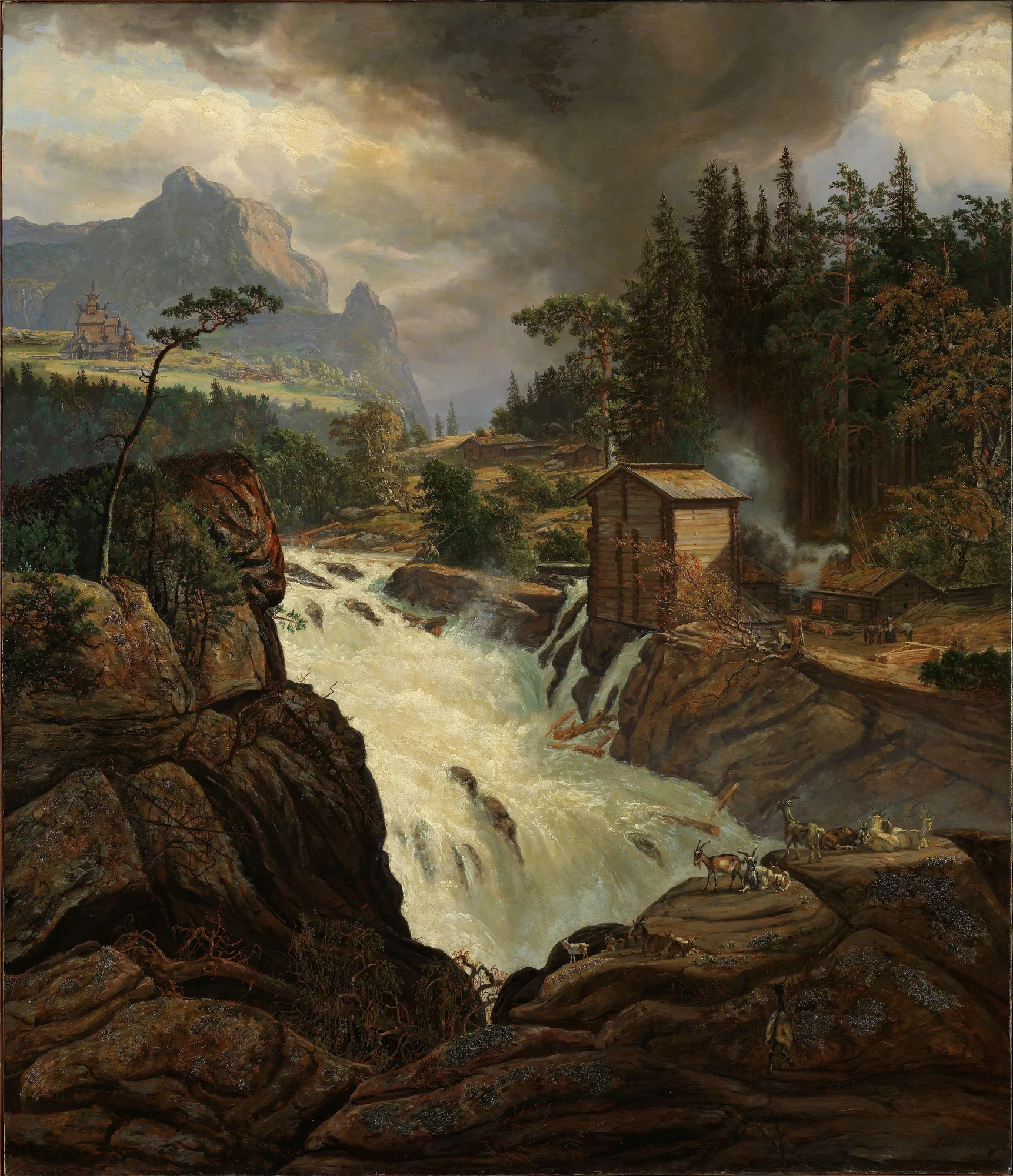 The Upper Falls of the Labrofoss The Upper Falls of the Labrofoss by Johan Christian Dahl. A powerful white-water waterfall cascades between rocky outcrops beneath a dark, atmospheric sky with a wooden mill and distant stave church.