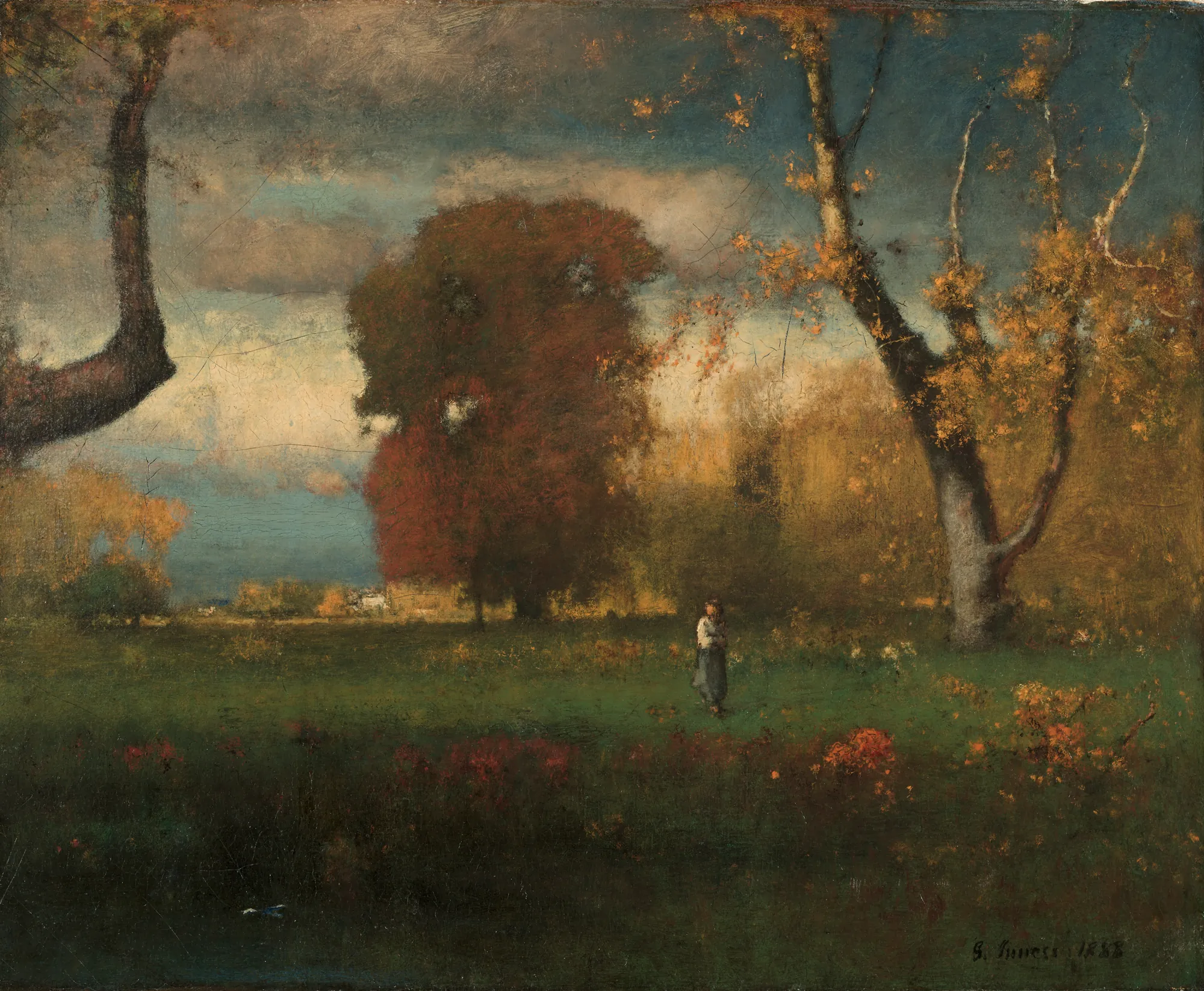 Landscape Landscape by George Inness. An atmospheric landscape featuring a lone figure in a green field surrounded by trees with vibrant red and gold autumn foliage under a clouded, hazy sky.