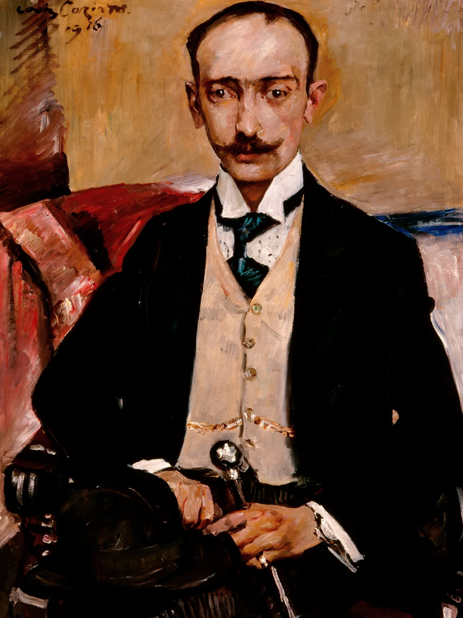 Portrait of Dr. Karl Schwarz Portrait of Dr. Karl Schwarz by Lovis Corinth. An oil portrait of a man with a mustache, wearing a dark jacket, light waistcoat, and high collar, holding a cane and hat.
