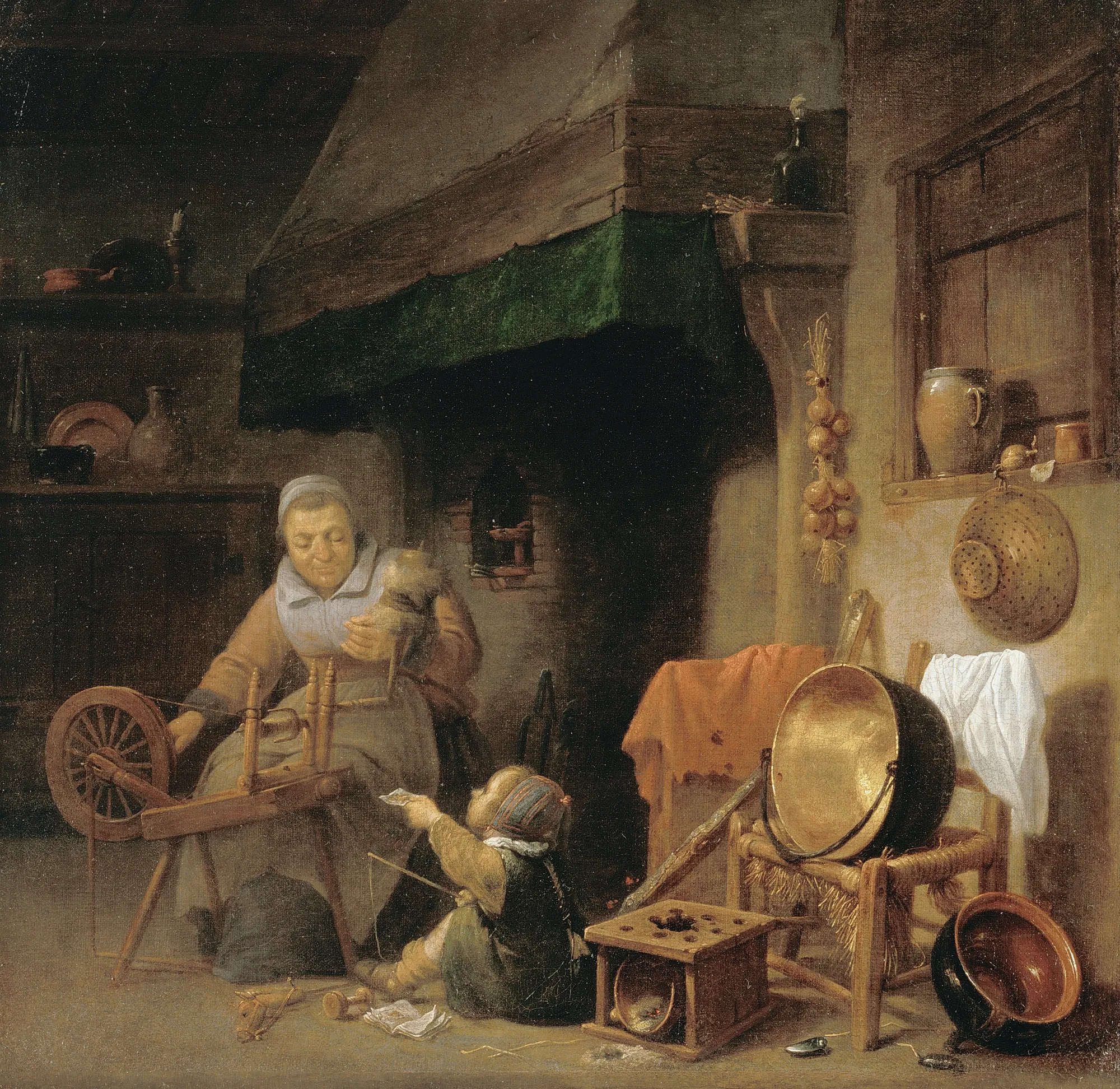 Woman Spinning Woman Spinning by Pieter Nijs. A woman sits by a spinning wheel in a rustic kitchen interior while a small child plays at her feet amidst various household utensils.
