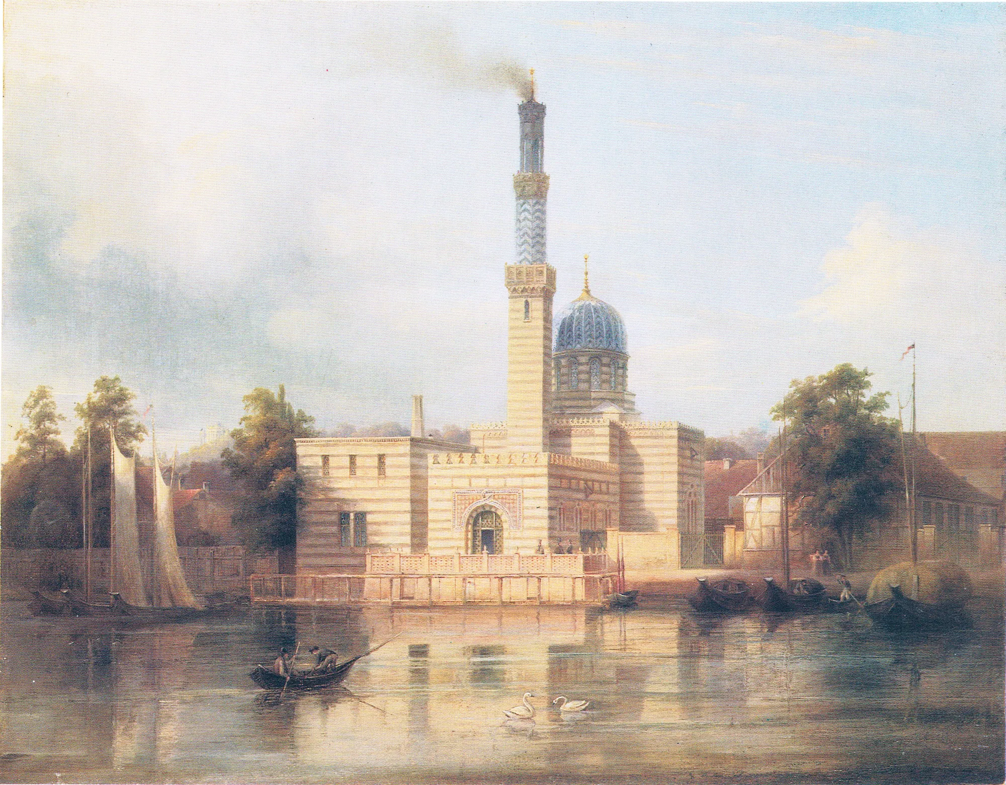 The Steam Engine House at Sanssouci The Steam Engine House at Sanssouci by Carl Daniel Freydanck. An ornate Moorish-style building with a tall minaret-like chimney and a blue dome stands on the edge of a river with several small boats and two swans.