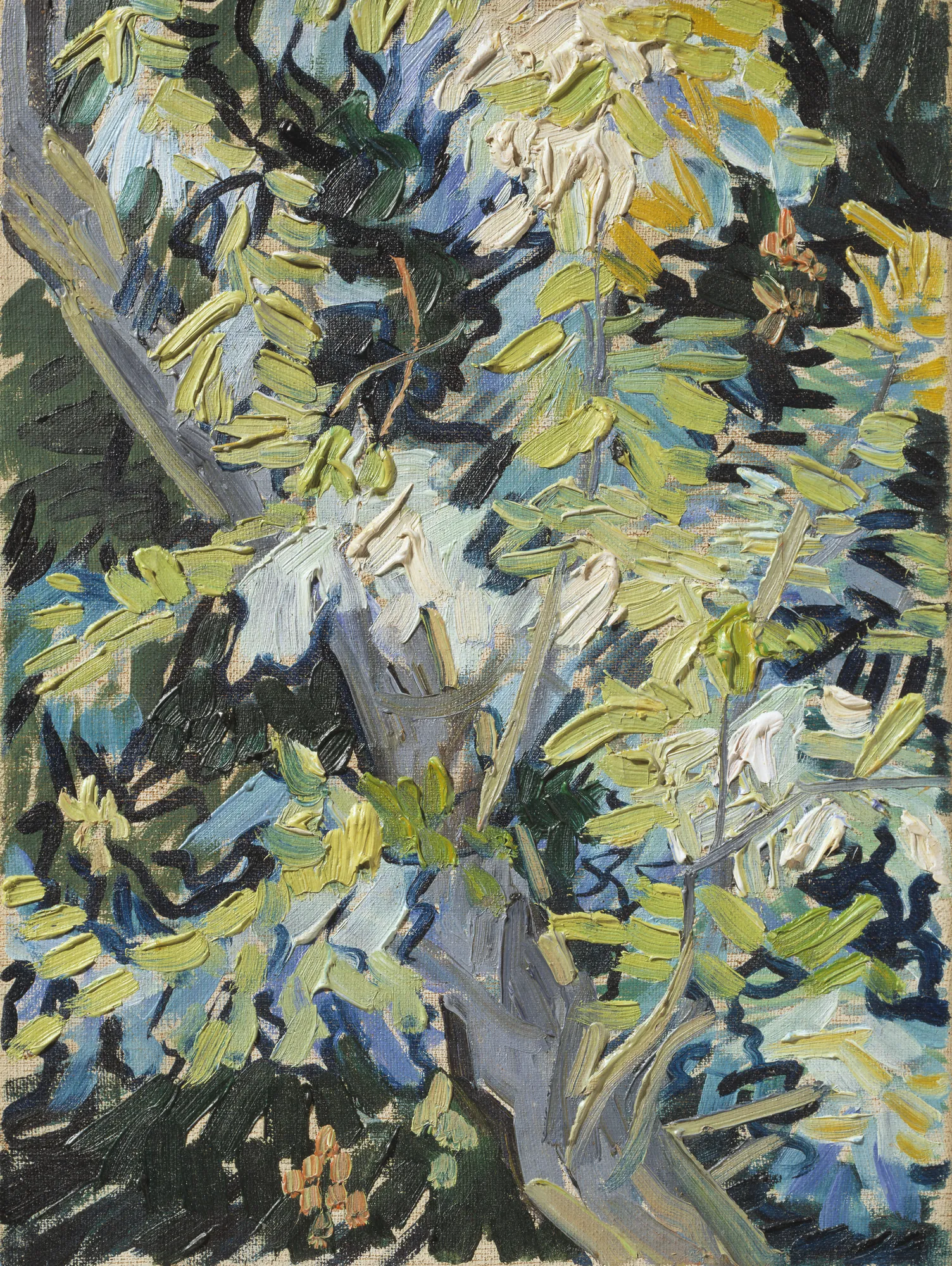 Blossoming Acacia Branches Blossoming Acacia Branches by Vincent van Gogh. A close-up study of acacia branches in bloom, rendered with thick, rhythmic impasto brushstrokes in shades of lime green, pale yellow, and white against a dappled blue background.