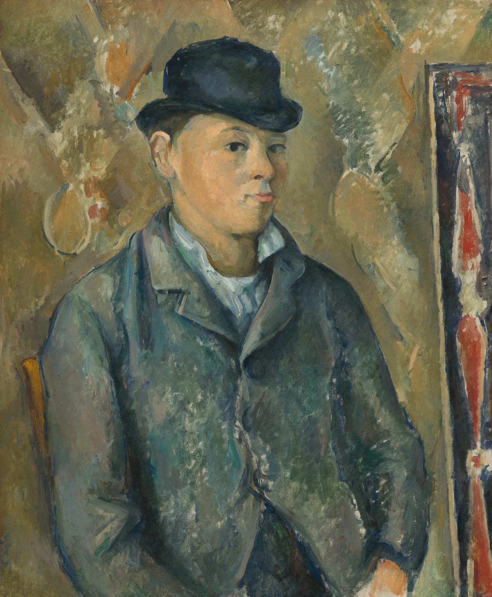 The Artist's Son, Paul The Artist's Son, Paul by Paul Cézanne. A portrait of a young man in a dark bowler hat and blue-grey jacket against a textured, neutral background.