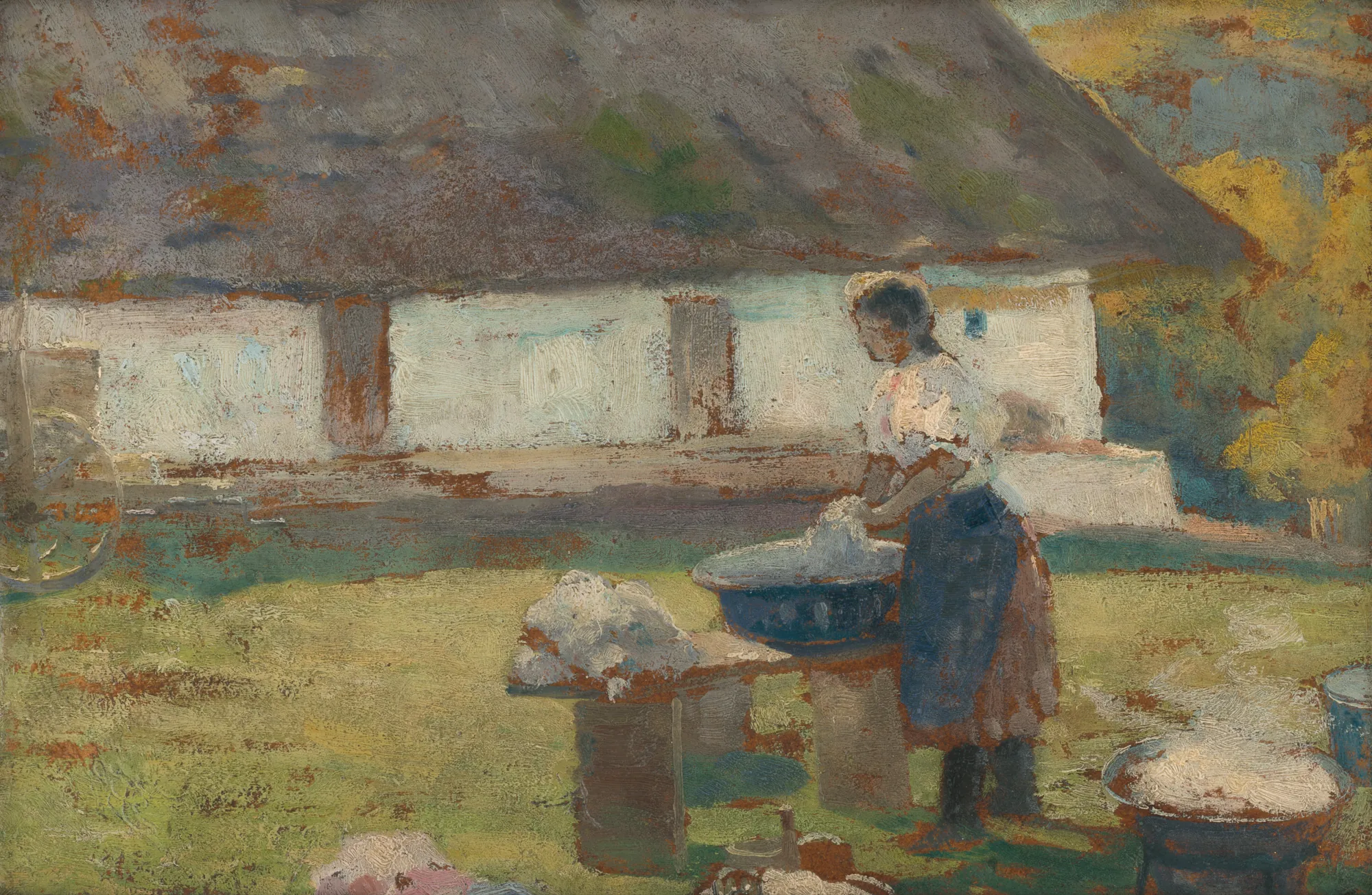 Washerwoman in Front of a Tree Washerwoman in Front of a Tree by Lajos Csordák. A woman stands at a washbasin outdoors, laundering clothes in front of a white-walled cottage with a large thatched roof.