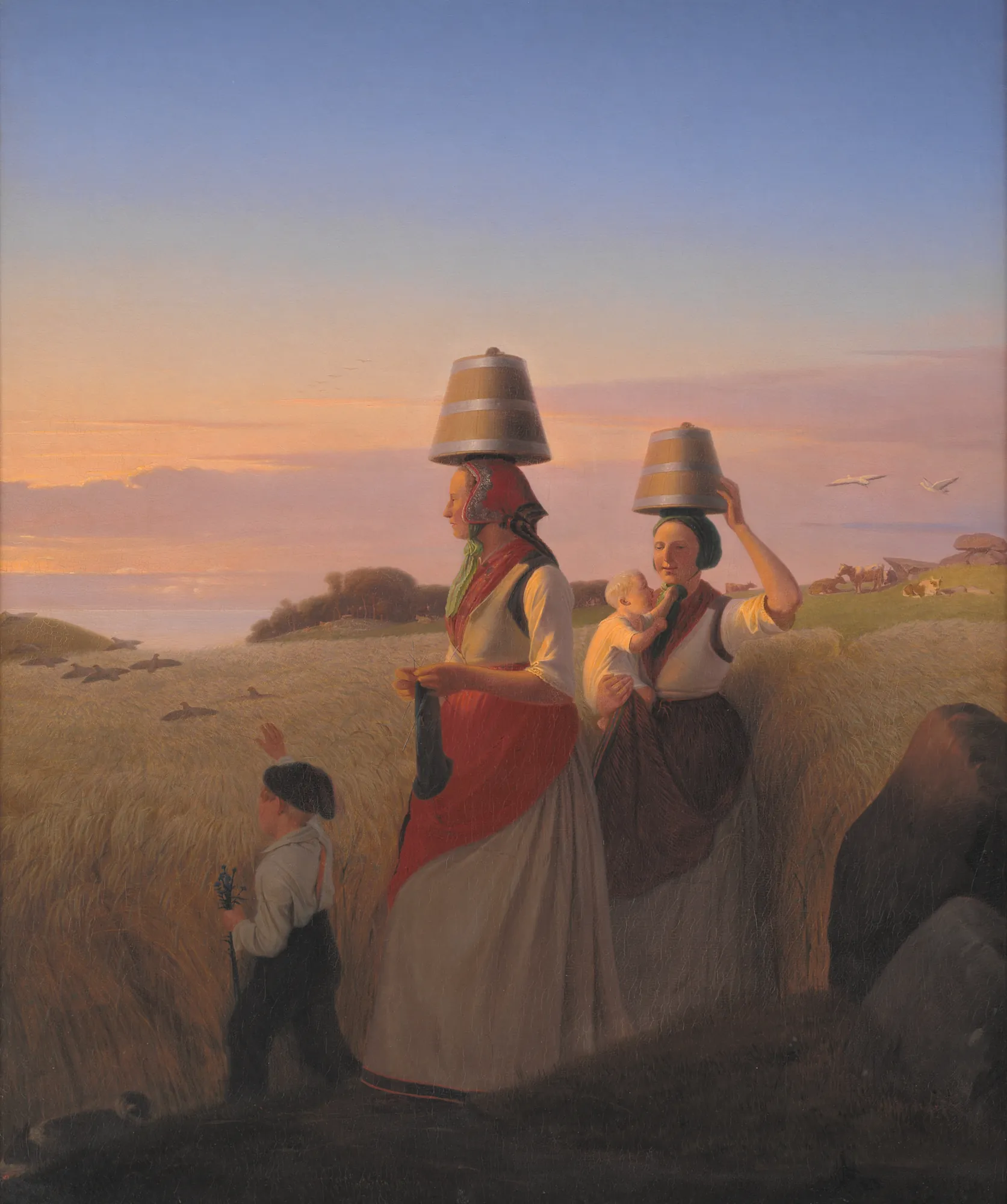 Rural Scene Rural Scene by Jørgen Sonne. Two women carrying wooden buckets on their heads walk through a golden wheat field at sunset, accompanied by a young boy and a nursing infant.