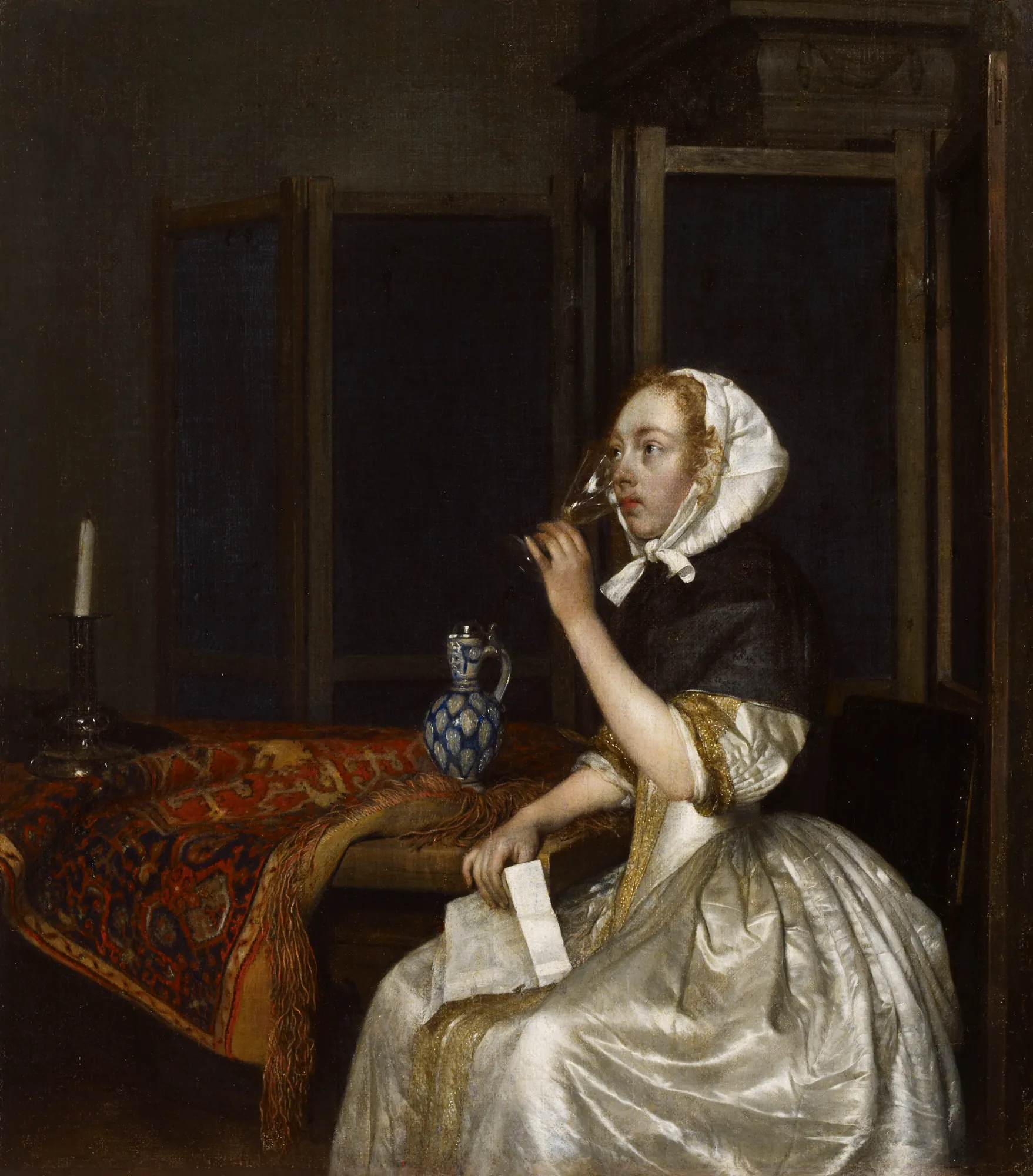 Young Woman with a Glass of Wine and a Letter