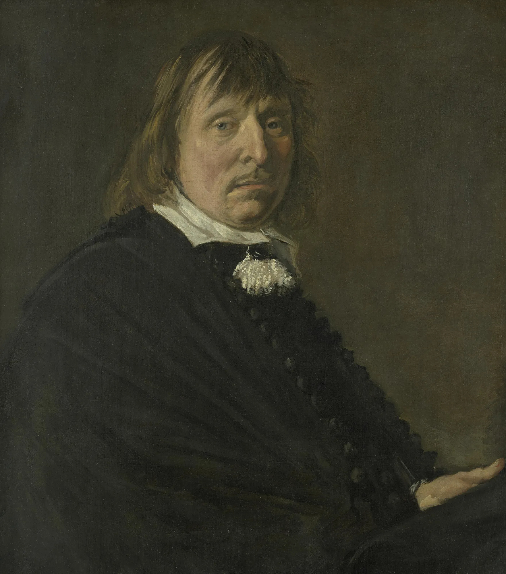 Portrait of Tyman Oosdorp Portrait of Tyman Oosdorp by Frans Hals. A half-length portrait of a man with medium-length brown hair wearing a dark cloak and a white collar against a dark, atmospheric background.