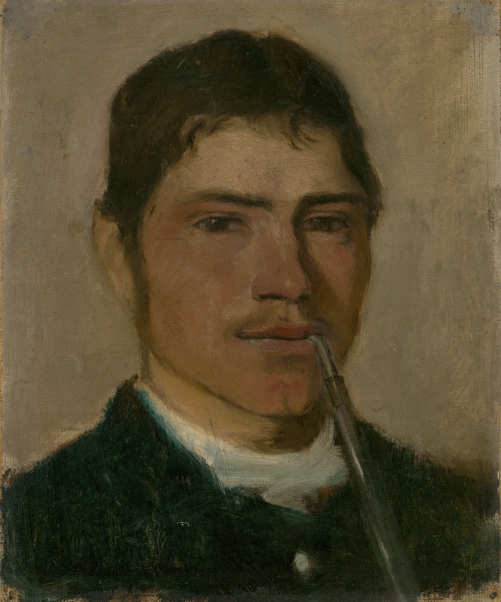 Head Study of a Groom with a Pipe Head Study of a Groom with a Pipe by László Mednyánszky. An oil portrait of a young man with dark hair and a light mustache, looking slightly off-camera with a long pipe in his mouth.