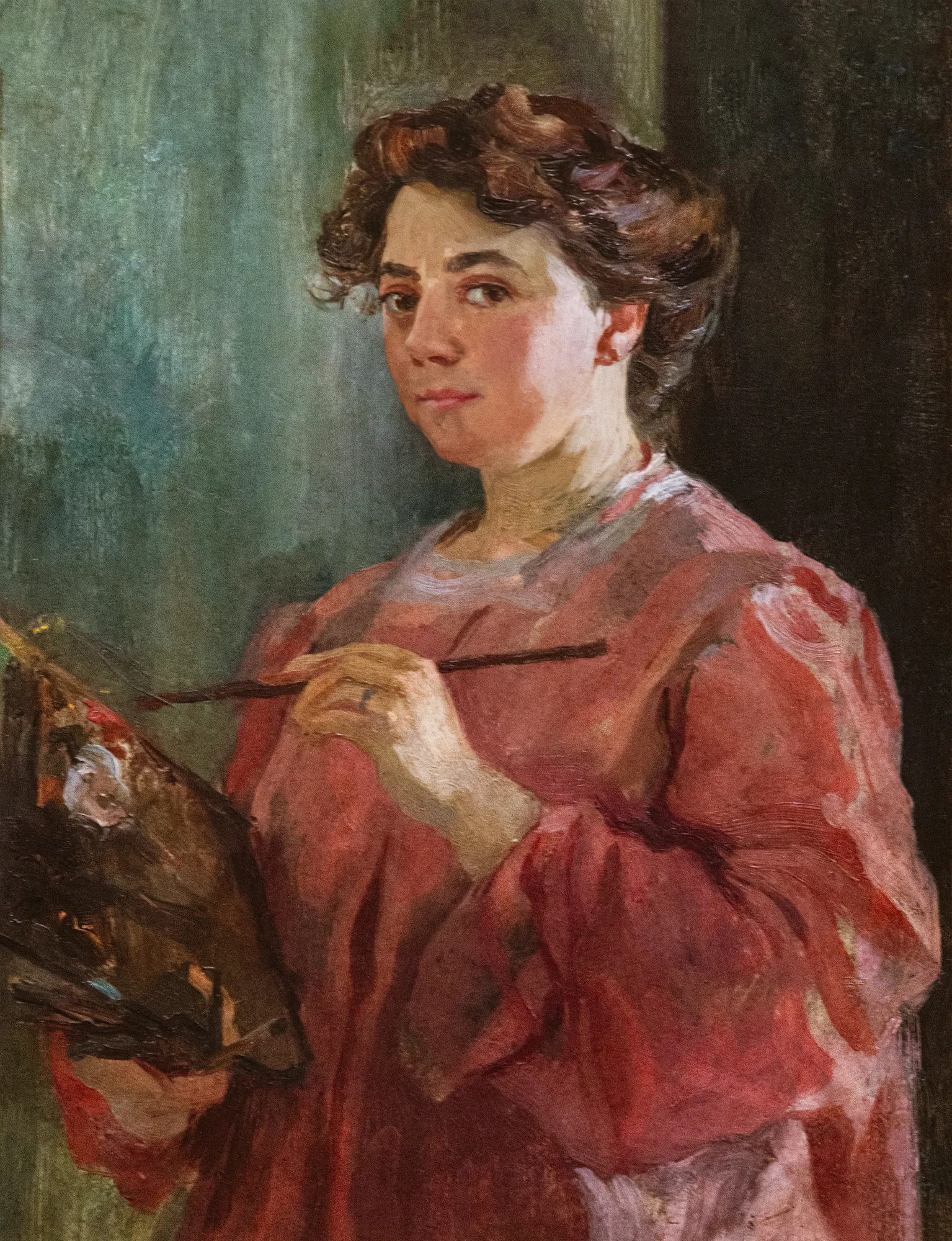 Self-Portrait Self-Portrait by Lluïsa Vidal. A painterly self-portrait of a woman artist in a rose-colored gown, holding a palette and brush against a dark background.