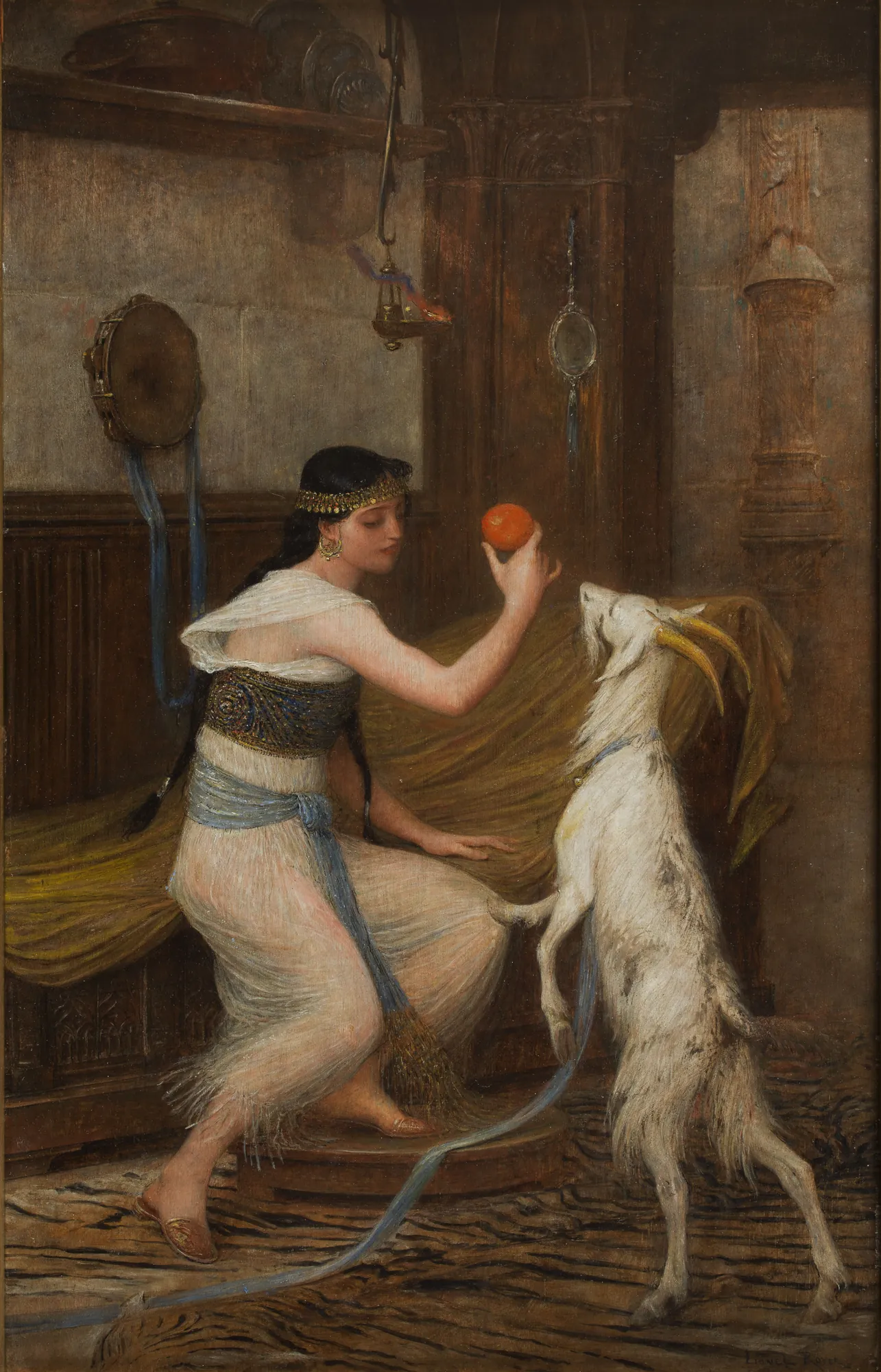 Esméralda Esméralda by Lionel Royer. A young woman in classical attire kneels in a dimly lit interior, holding an orange for a white goat standing on its hind legs.
