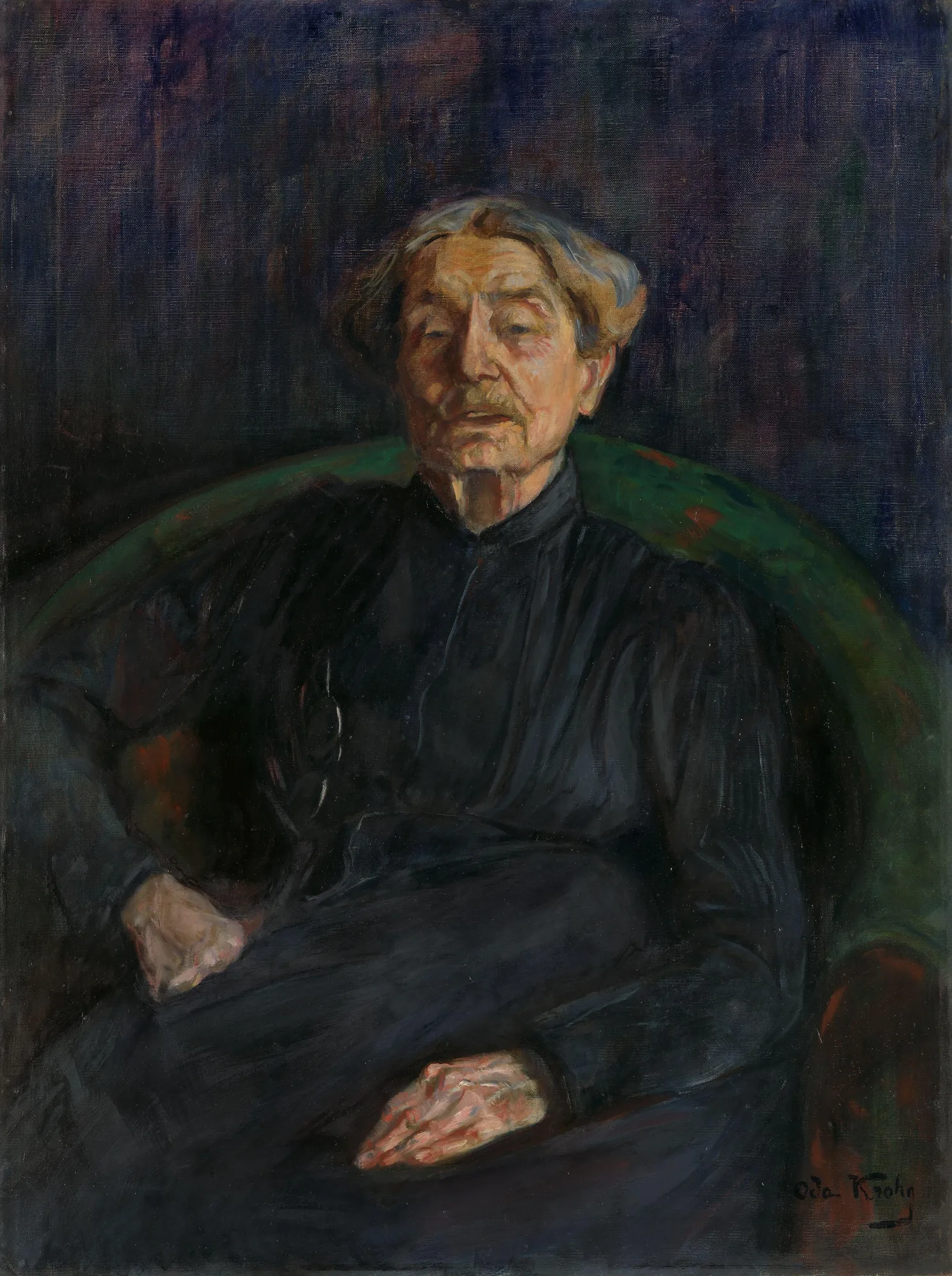 Portrait of Aasta Hansteen Portrait of Aasta Hansteen by Oda Krohg. An impressionistic portrait of an elderly woman with silver hair, seated in a high-backed chair and wearing dark attire against a deep, multi-tonal background.