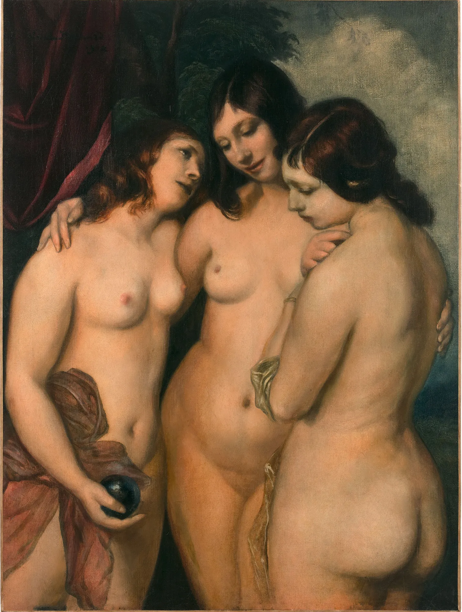 The Three Graces The Three Graces by Émile Bernard. Three nude female figures are depicted standing close together in a classical arrangement against a dark, atmospheric background.