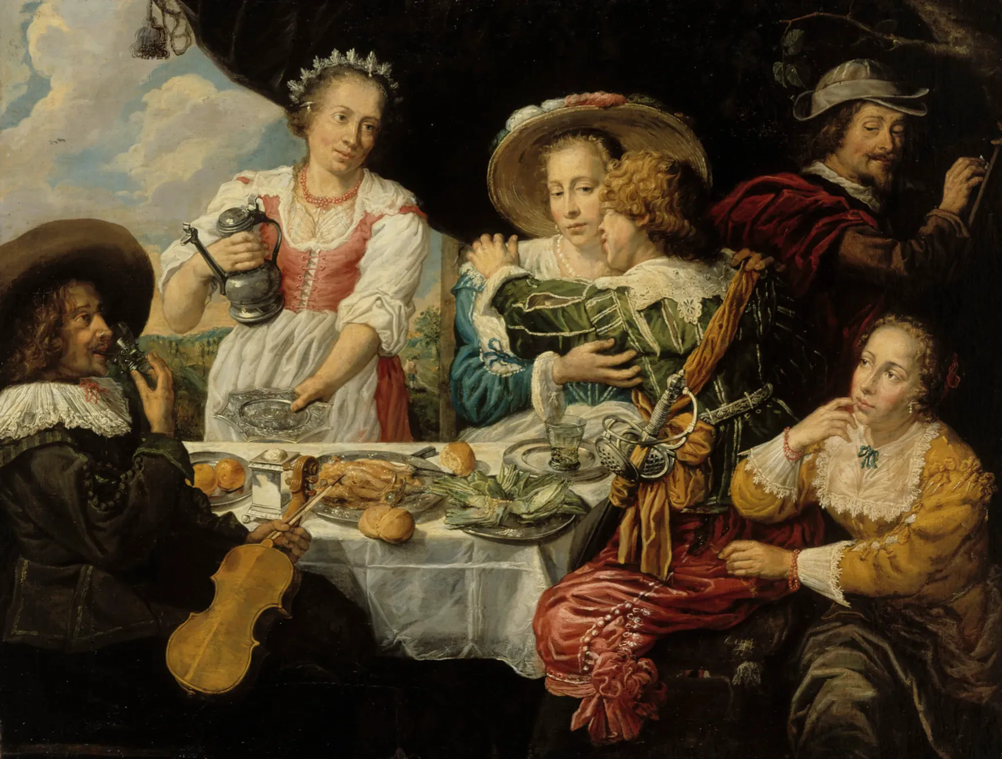 The Prodigal Son The Prodigal Son by Jan Cossiers. A dynamic 17th-century scene featuring several figures in period dress gathered around a table with a roasted bird, bread, and musical instruments.