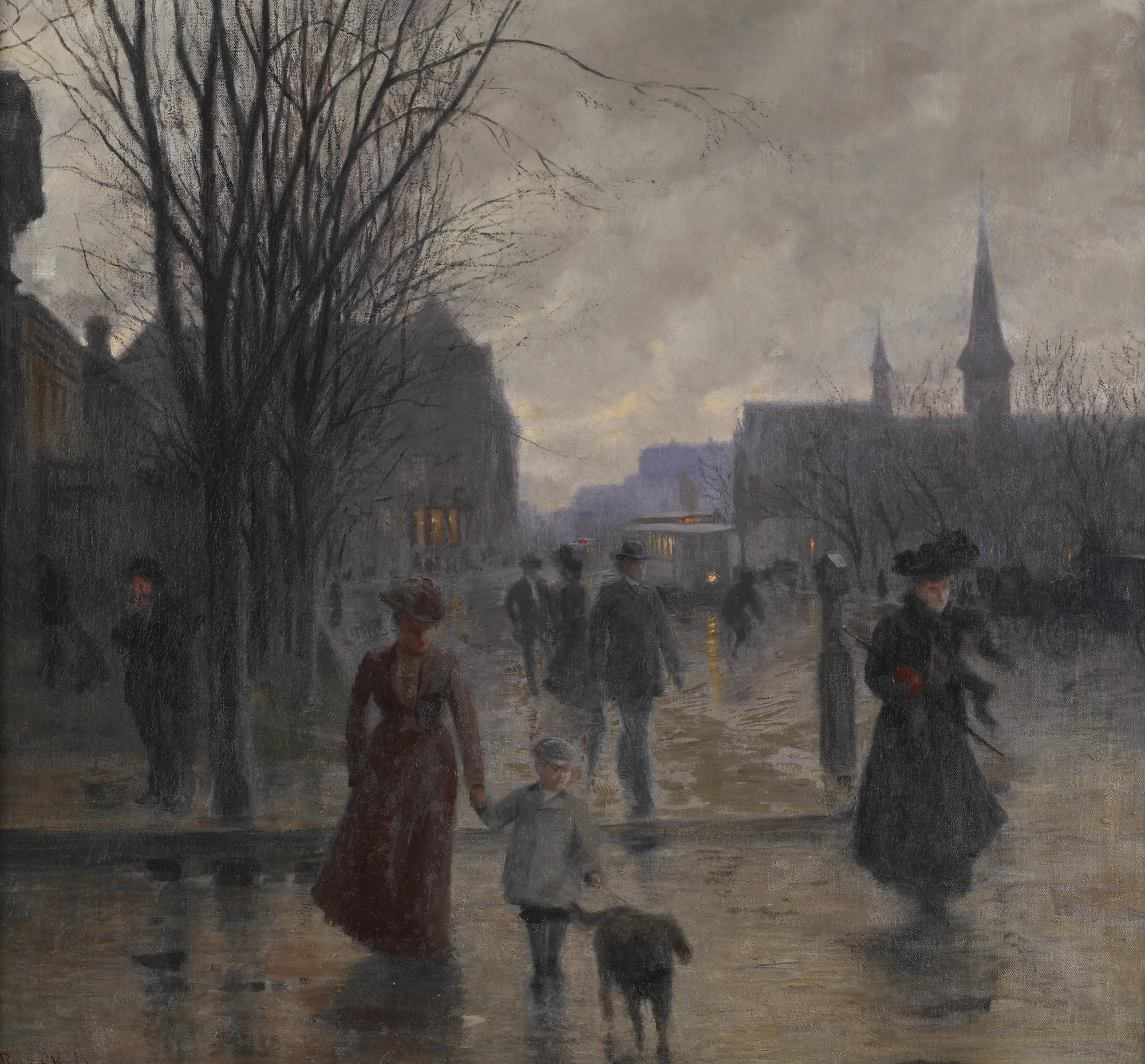 Rainy Evening on Hennepin Avenue Rainy Evening on Hennepin Avenue by Robert Koehler. A rainy, atmospheric street scene at dusk featuring figures walking along wet pavement under a grey sky.