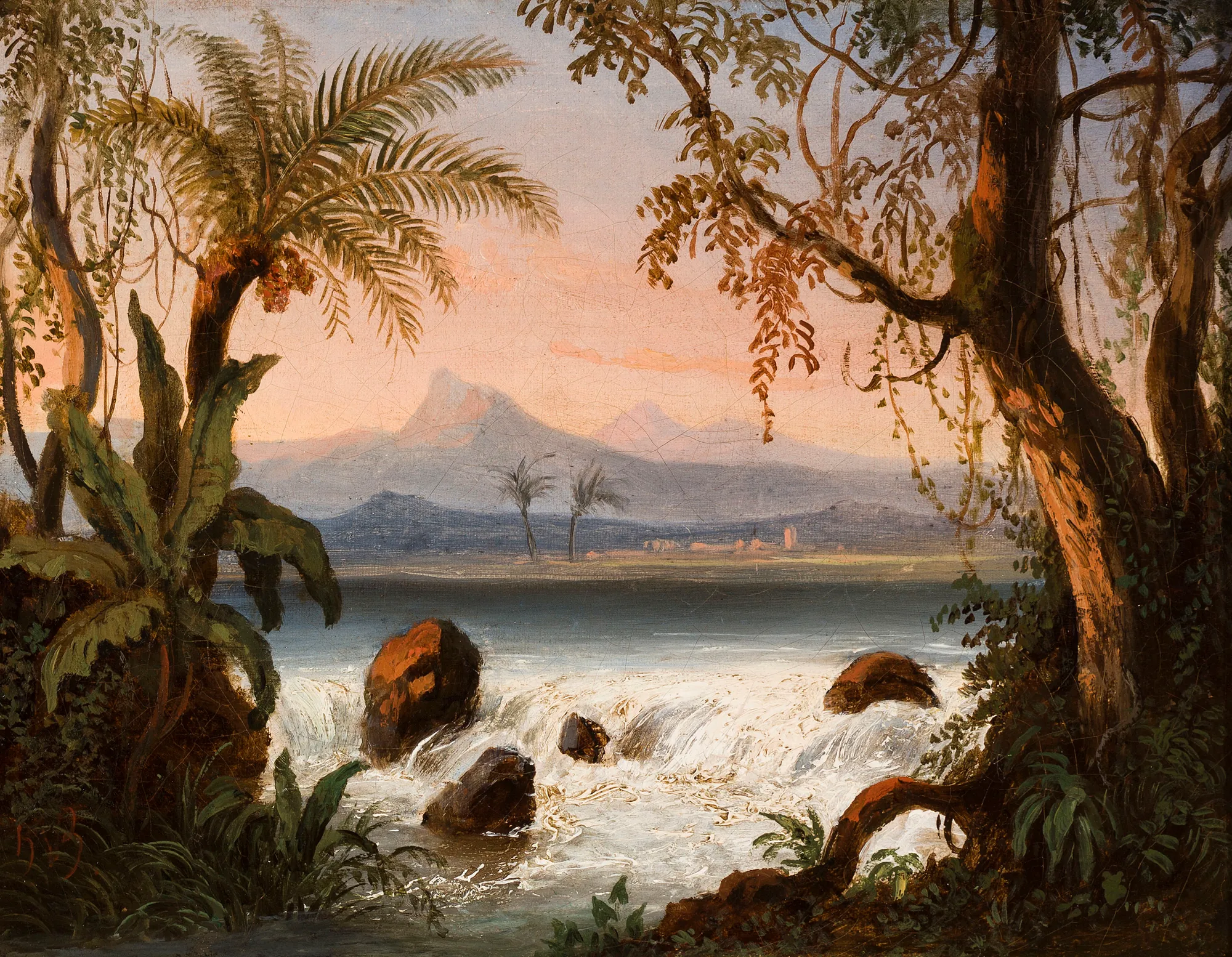 Paisagem Paisagem by Hippolyte Vanderburch. A lush tropical landscape featuring a rushing waterfall in the foreground framed by palm trees and dense jungle foliage, with mountains visible in the hazy sunset background.