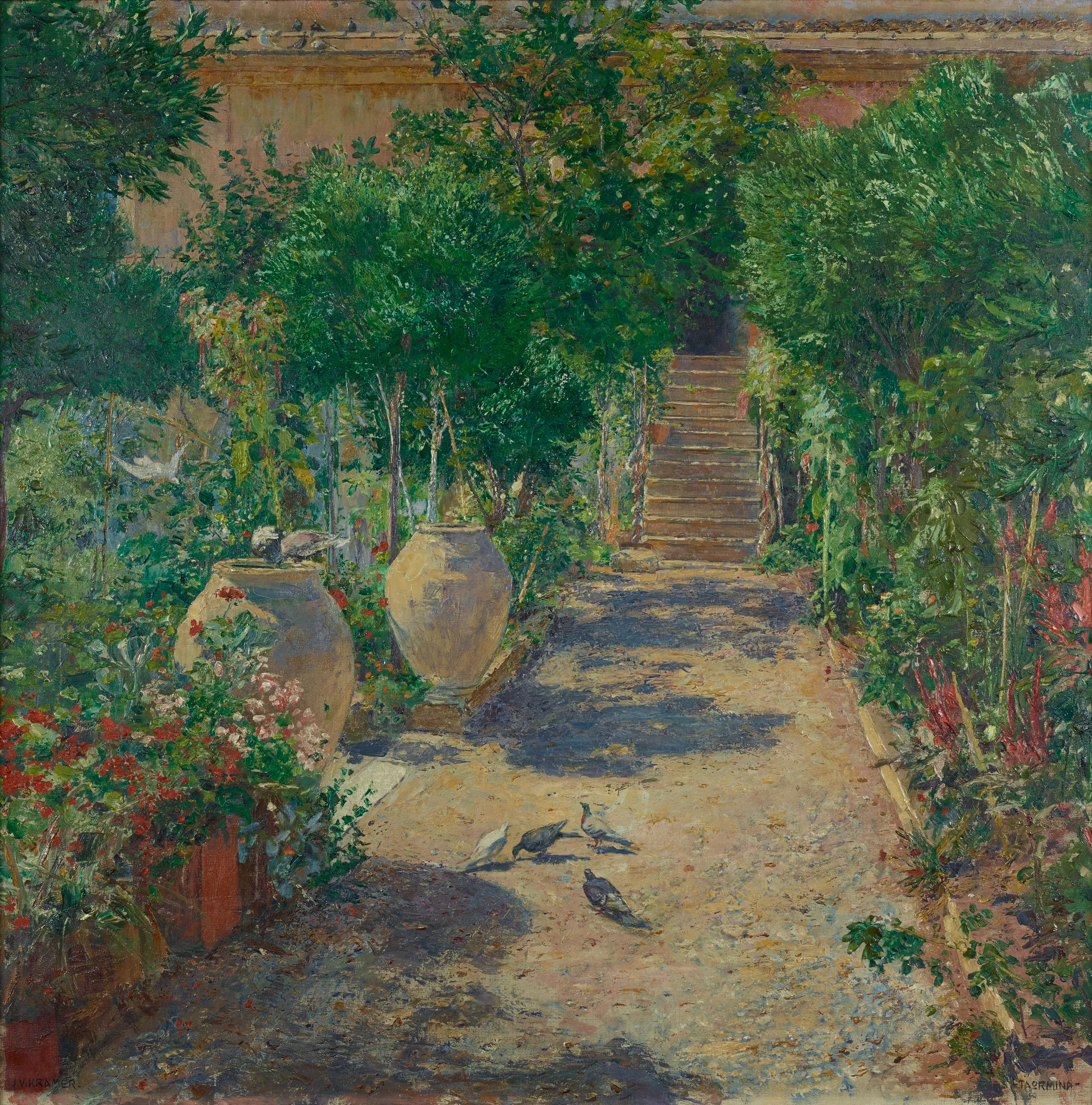 Taormina in the Sunshine Taormina in the Sunshine by Johann Victor Krämer. A sunlit garden path flanked by lush green trees and large terracotta urns leads toward a set of stone steps.
