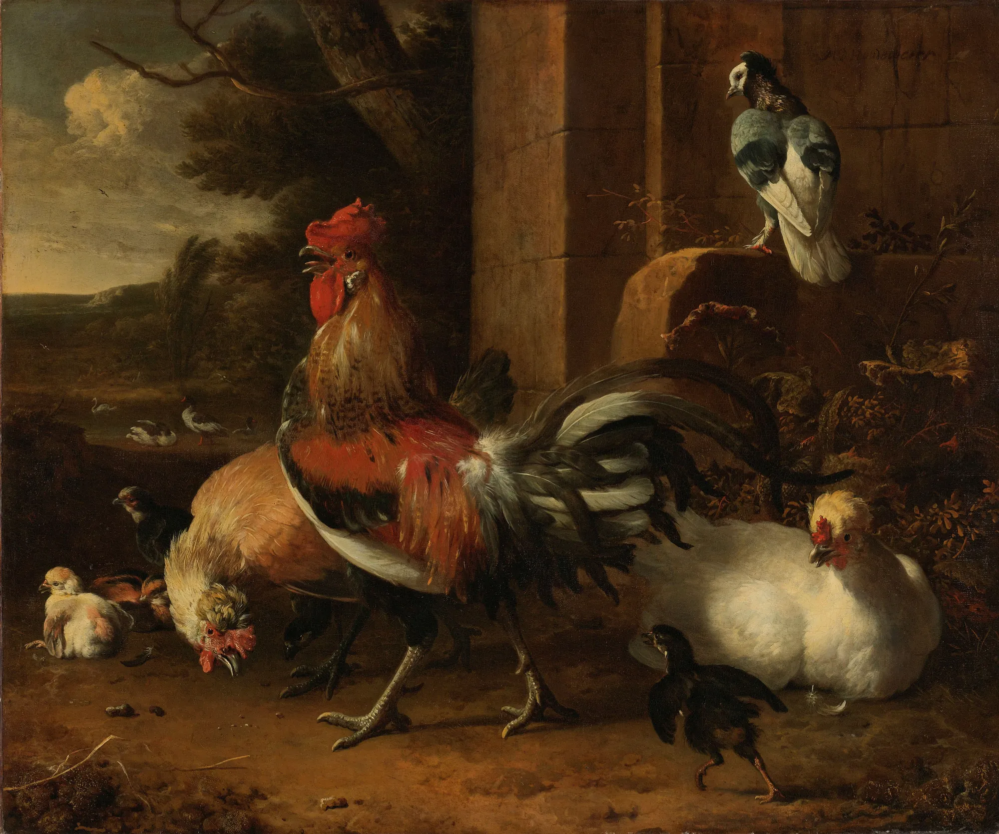 A Poultry Yard A Poultry Yard by Melchior d'Hondecoeter. A vibrant scene featuring a dominant rooster surrounded by hens and chicks in a shadowed courtyard with a stone wall and landscape background.