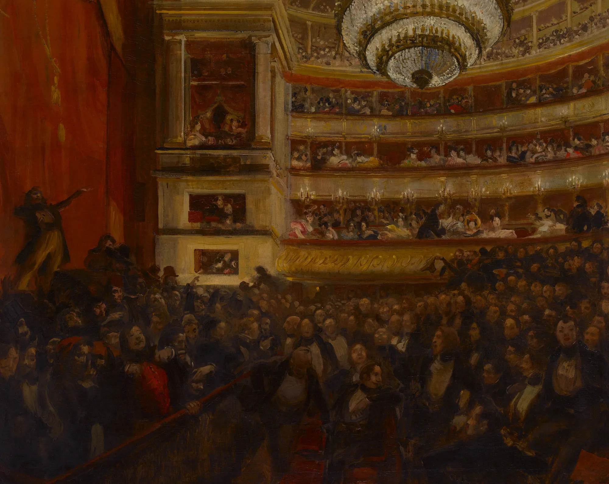 The First Performance of Hernani The First Performance of Hernani by Paul-Albert Besnard. A bustling crowd fills a grand 19th-century theater under the warm glow of a massive crystal chandelier.