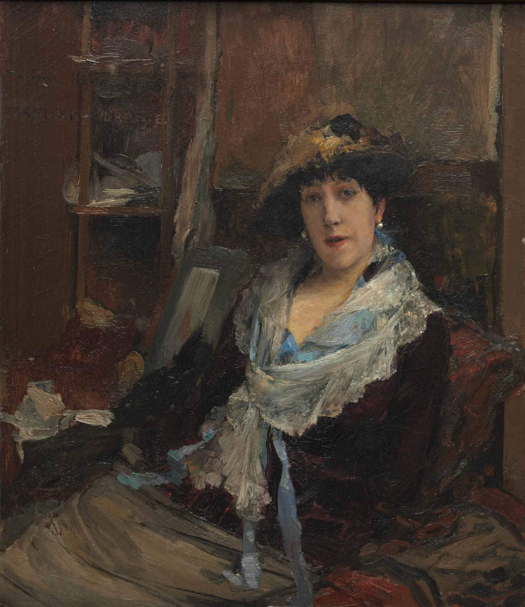 Marie Samary of the Odéon Theater Marie Samary of the Odéon Theater by Jules Bastien-Lepage. A seated portrait of a woman wearing a dark dress, a voluminous white lace shawl tied with blue ribbons, and a floral hat.