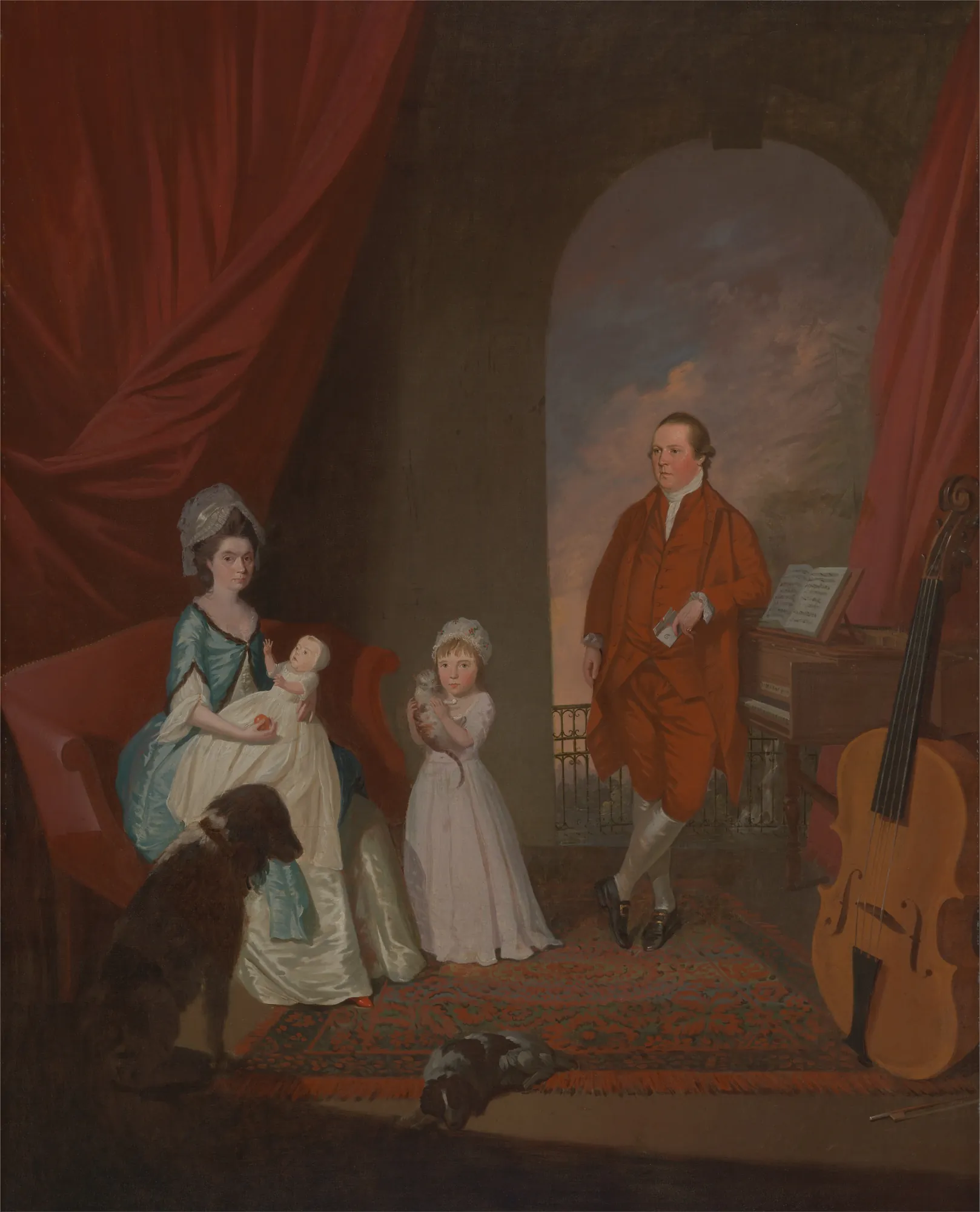 Family Group Family Group by James Millar. An 18th-century oil painting depicting a family group in an interior with a mother, baby, young girl, and father, surrounded by pets and musical instruments.