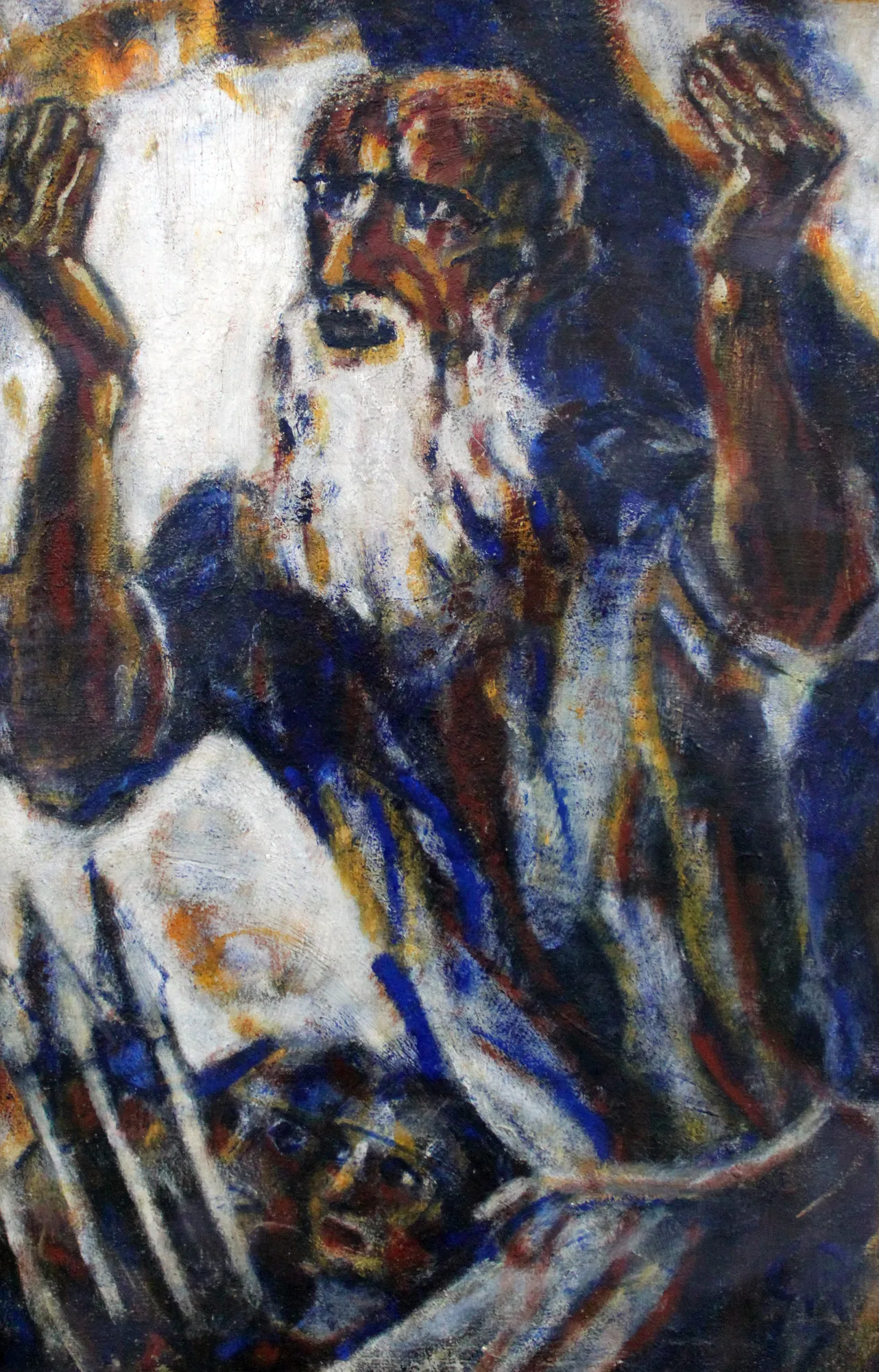 The Prophet The Prophet by Christian Rohlfs. An expressionist painting of an elderly man with a long white beard, hands raised toward his head, depicted in energetic blue and white strokes.