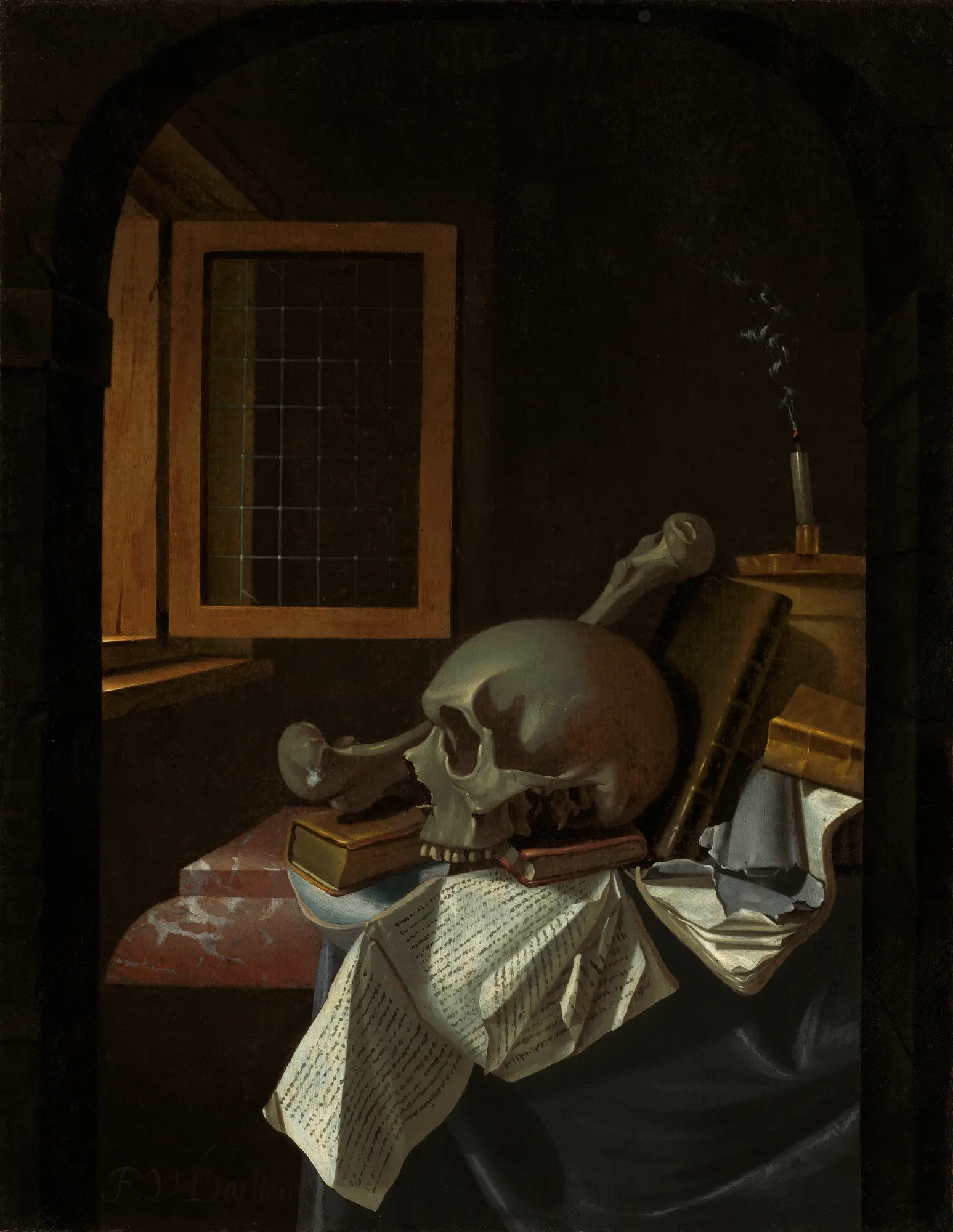 Vanitas Still Life Vanitas Still Life by François van Daellen. A memento mori still life featuring a human skull, bones, and manuscripts arranged on a dark table next to a window.