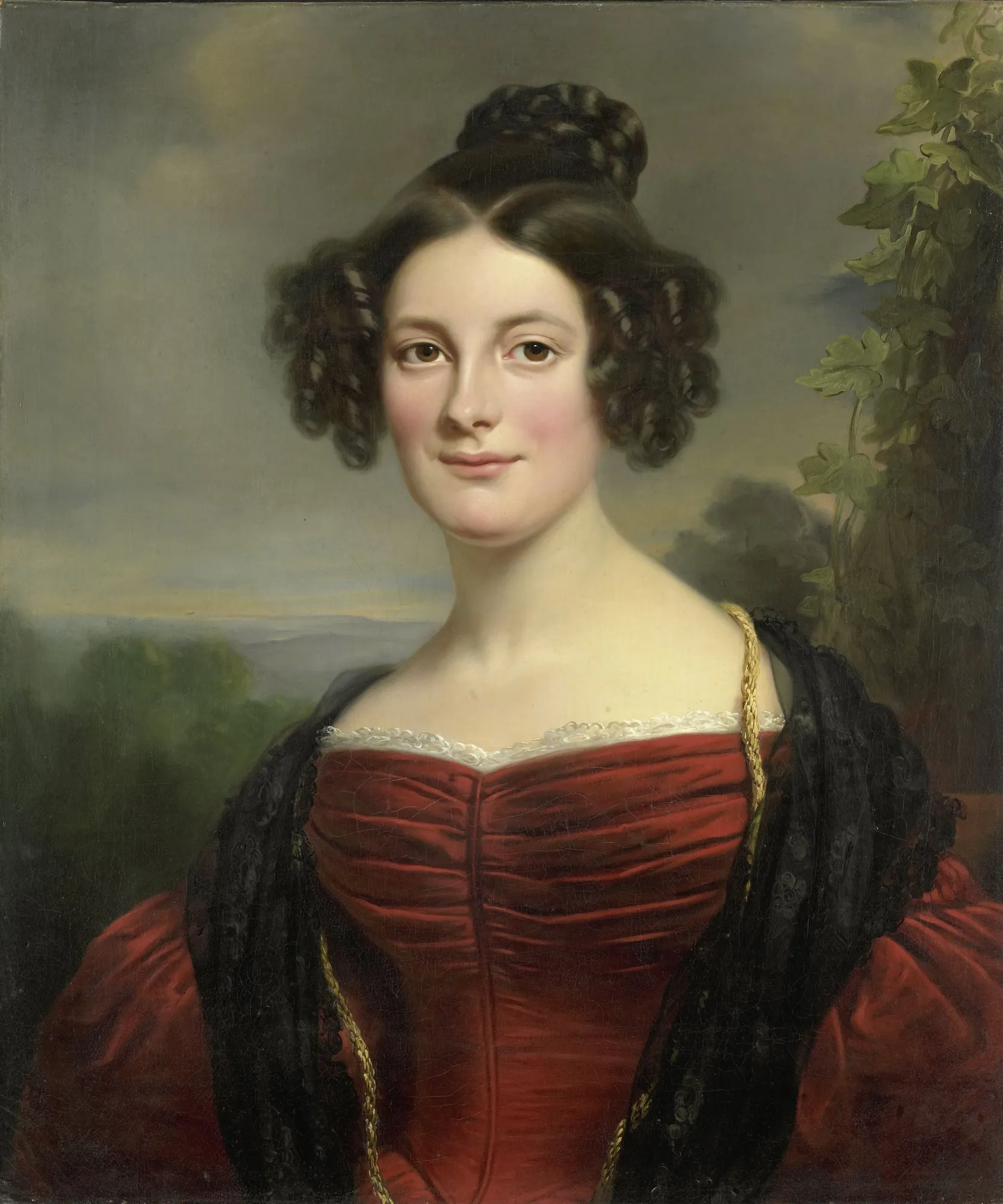 Catharina Annette Fraser Catharina Annette Fraser by Jan Adam Kruseman. A 19th-century portrait of a young woman with dark hair in a red gown and black lace shawl against a landscape background.
