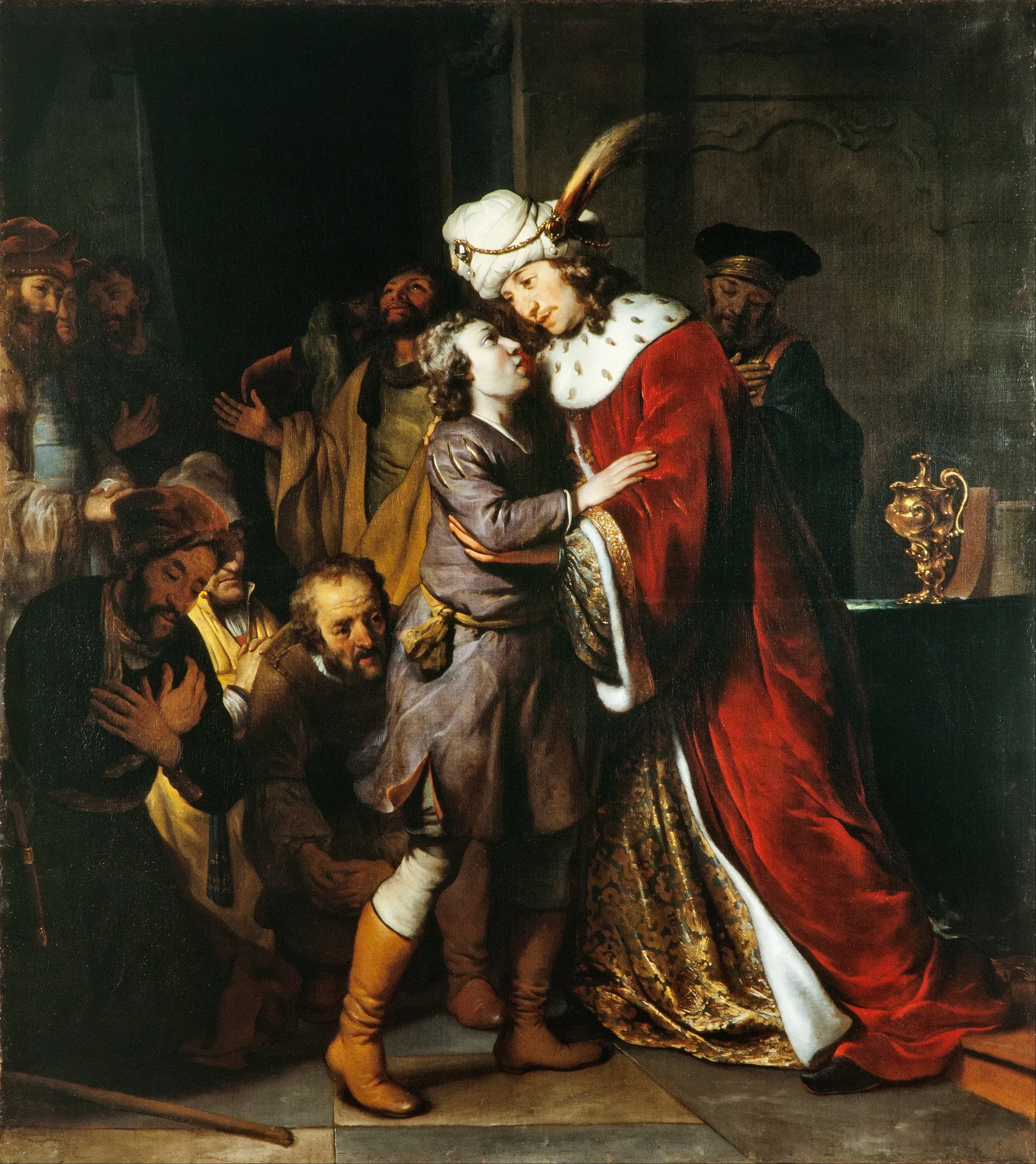 Joseph and His Brothers Joseph and His Brothers by Gerbrand van den Eeckhout. A dramatic scene where a man in an ornate turban and red robe embraces a younger man as others watch from the shadows.