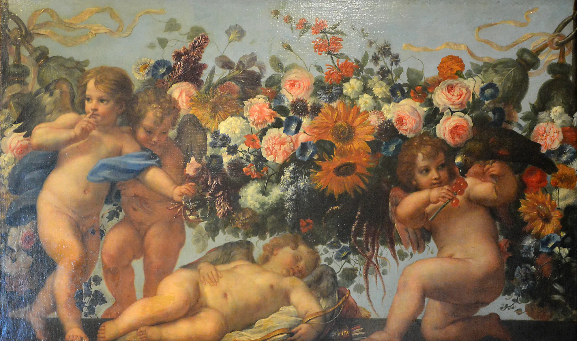 Cupids and Garlands of Flowers with a Parrot