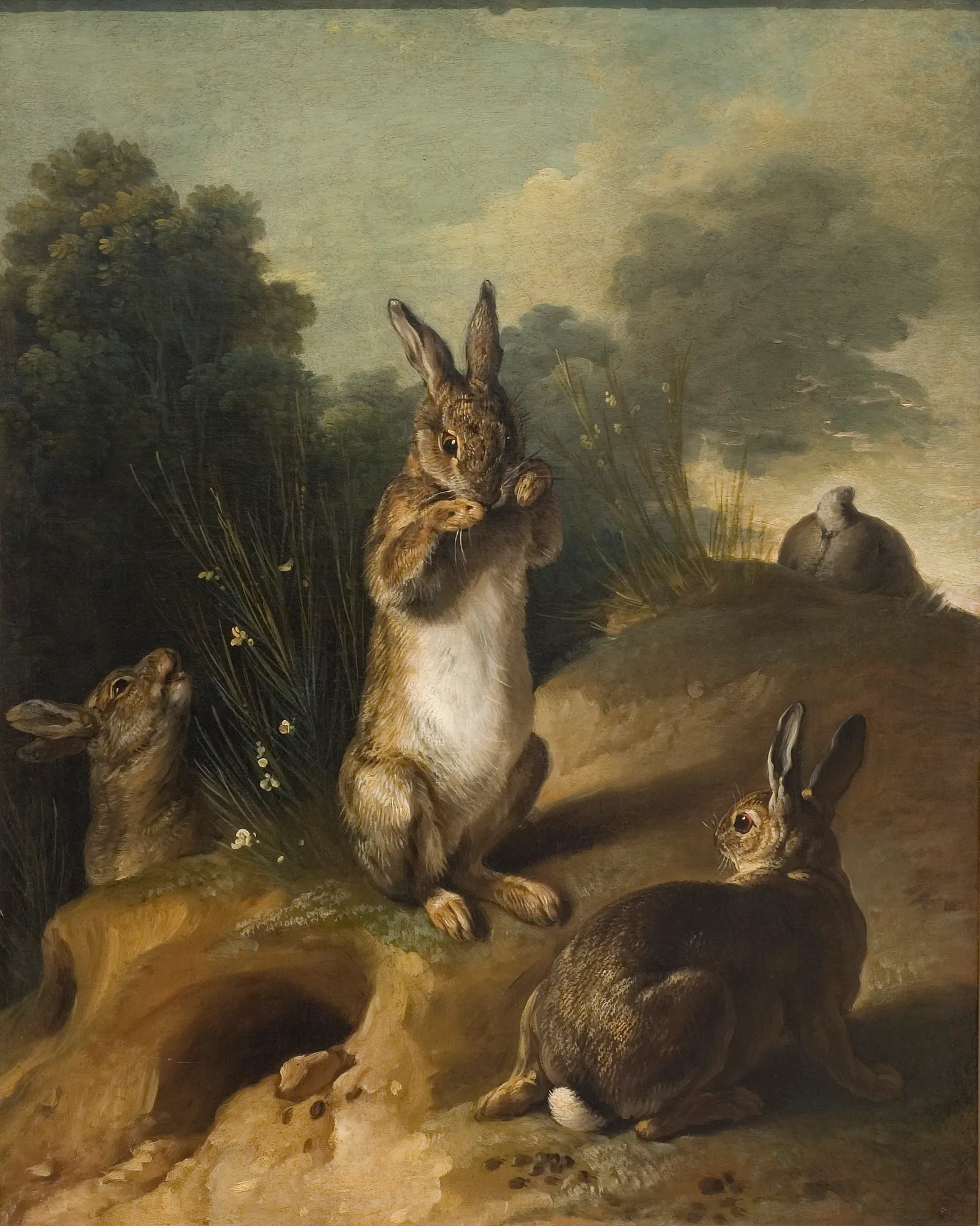 Rabbits Rabbits by Alexandre-François Desportes. Three rabbits are depicted in a natural landscape near a burrow, with one standing alert on its hind legs.