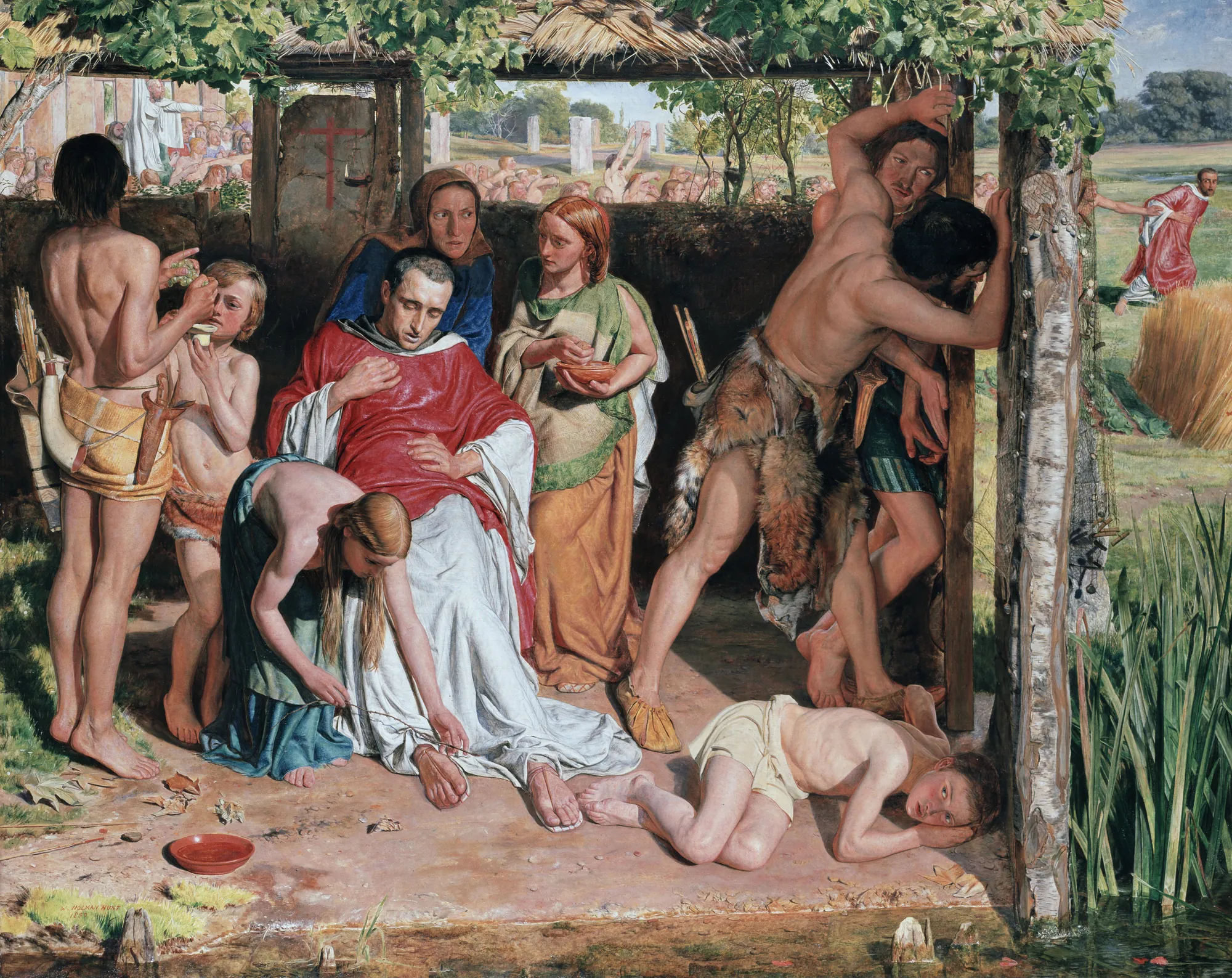 A Converted British Family Sheltering a Christian Missionary A Converted British Family Sheltering a Christian Missionary by William Holman Hunt. A complex historical scene showing a family in ancient Britain providing sanctuary and care to a tired missionary within a rustic, vine-covered hut.