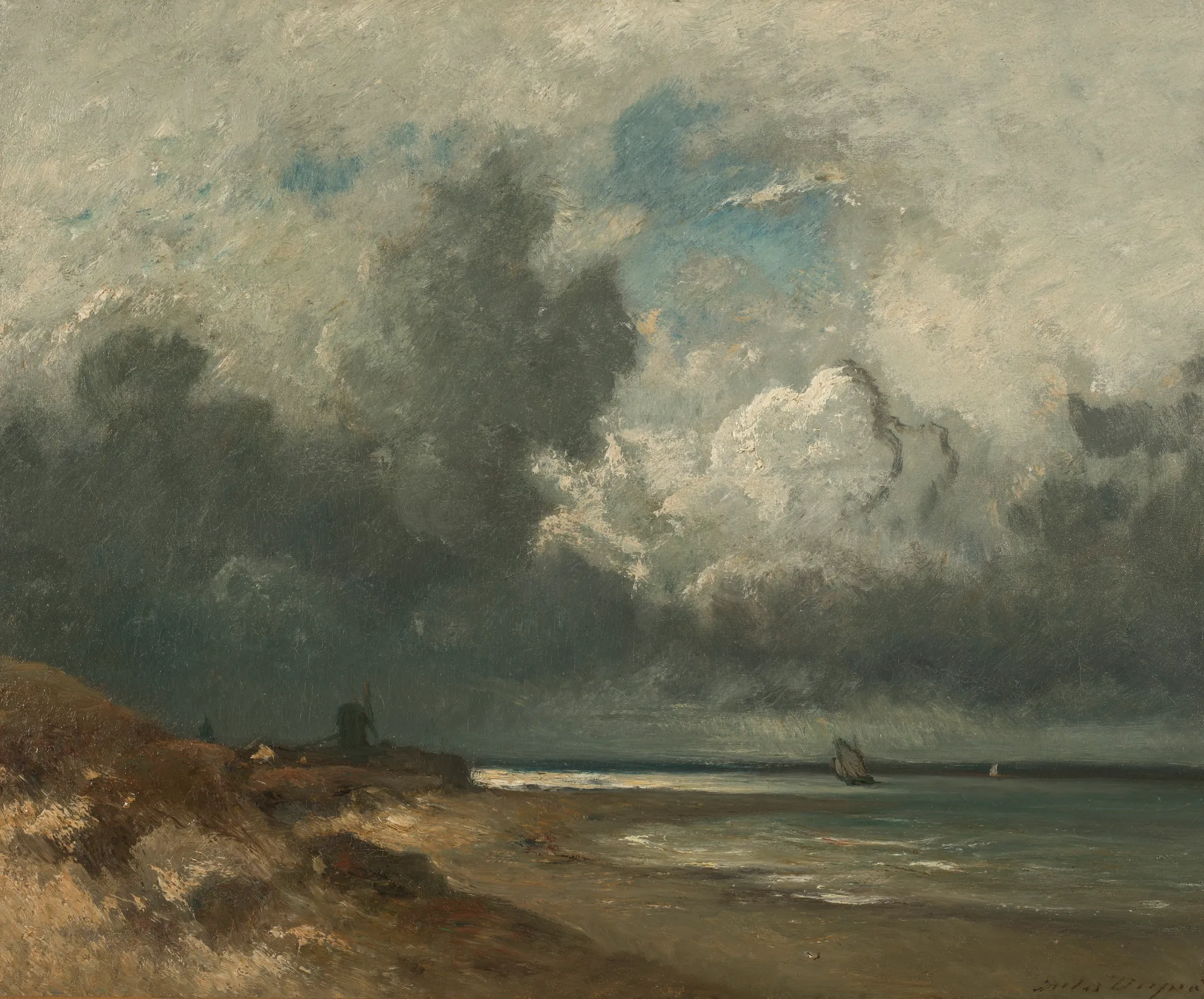 Le Crotoy Le Crotoy by Jules Dupré. A dramatic coastal landscape featuring a turbulent, cloud-filled sky over a wide beach with small sailboats and a distant windmill.
