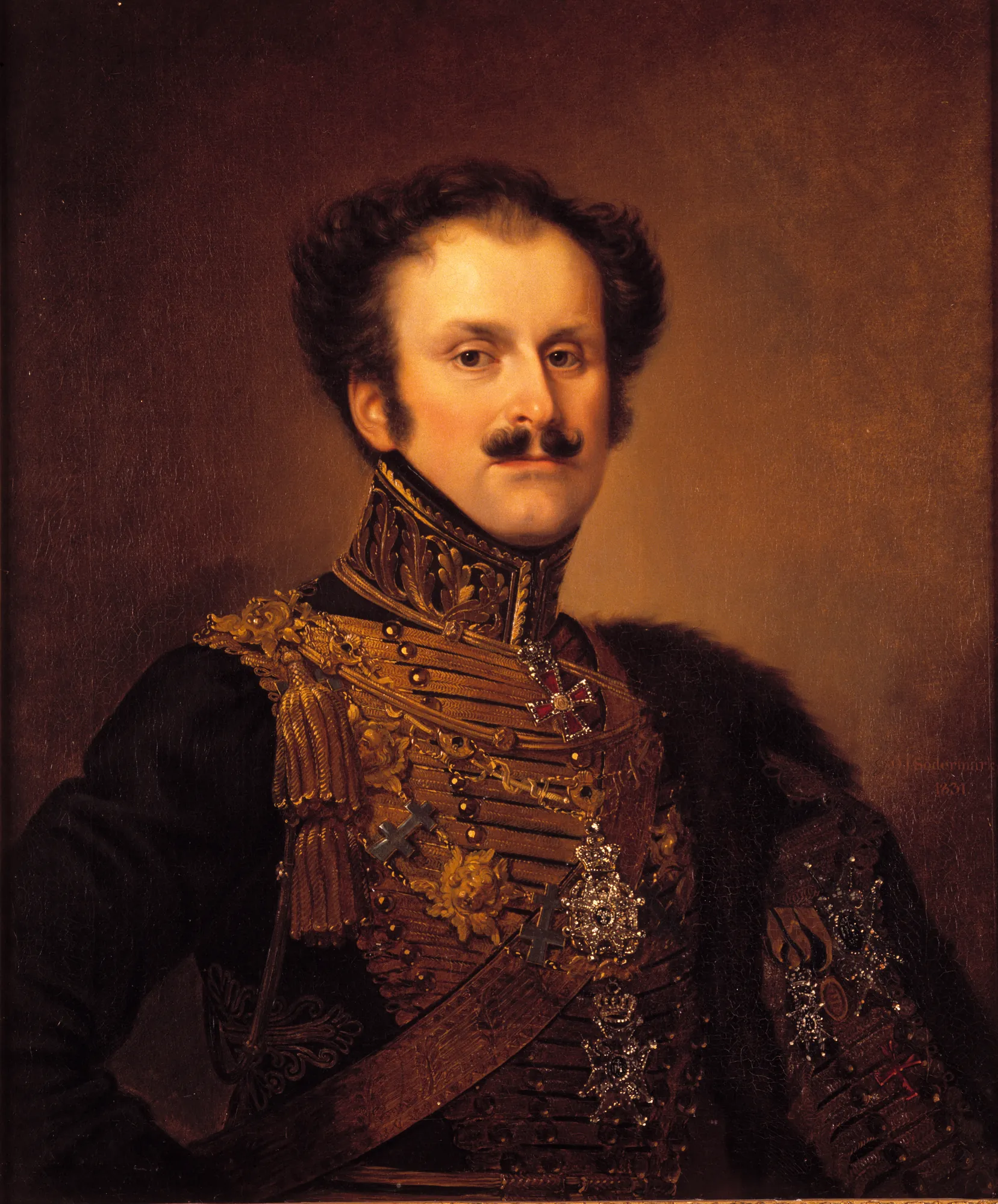 Magnus Brahe Magnus Brahe by Olof Johan Södermark. A formal half-length portrait of a man with a mustache in a highly decorated military uniform with medals and a fur cloak.