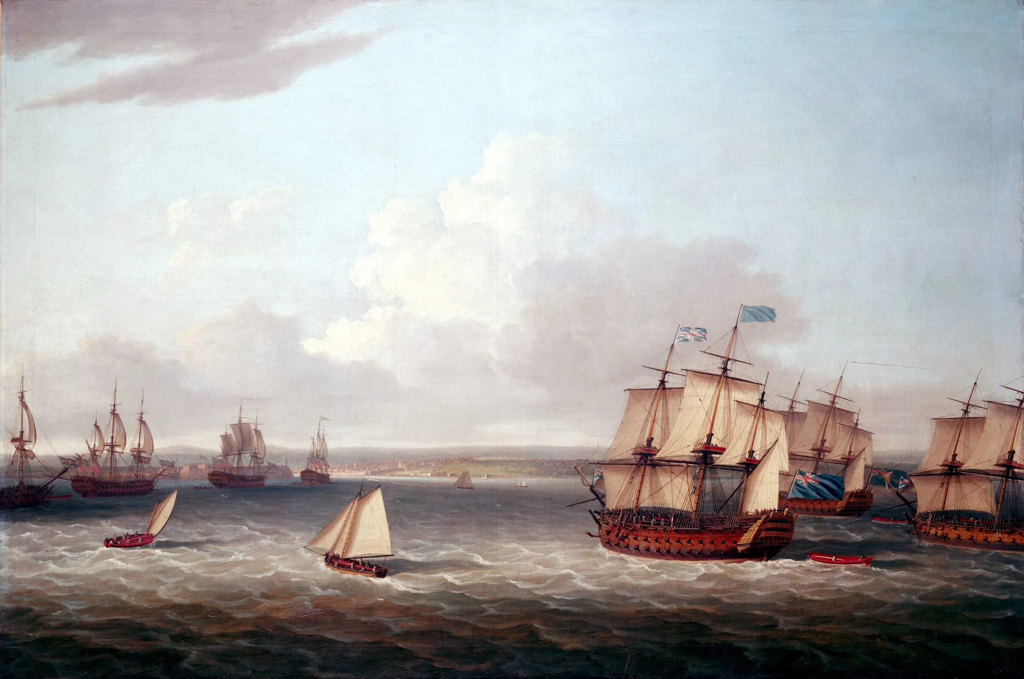 The British Fleet Entering Havana, 1762 The British Fleet Entering Havana, 1762 by Dominic Serres. A large fleet of British sailing warships with full sails navigates choppy waters toward a distant coastline under a vast, cloud-filled sky.