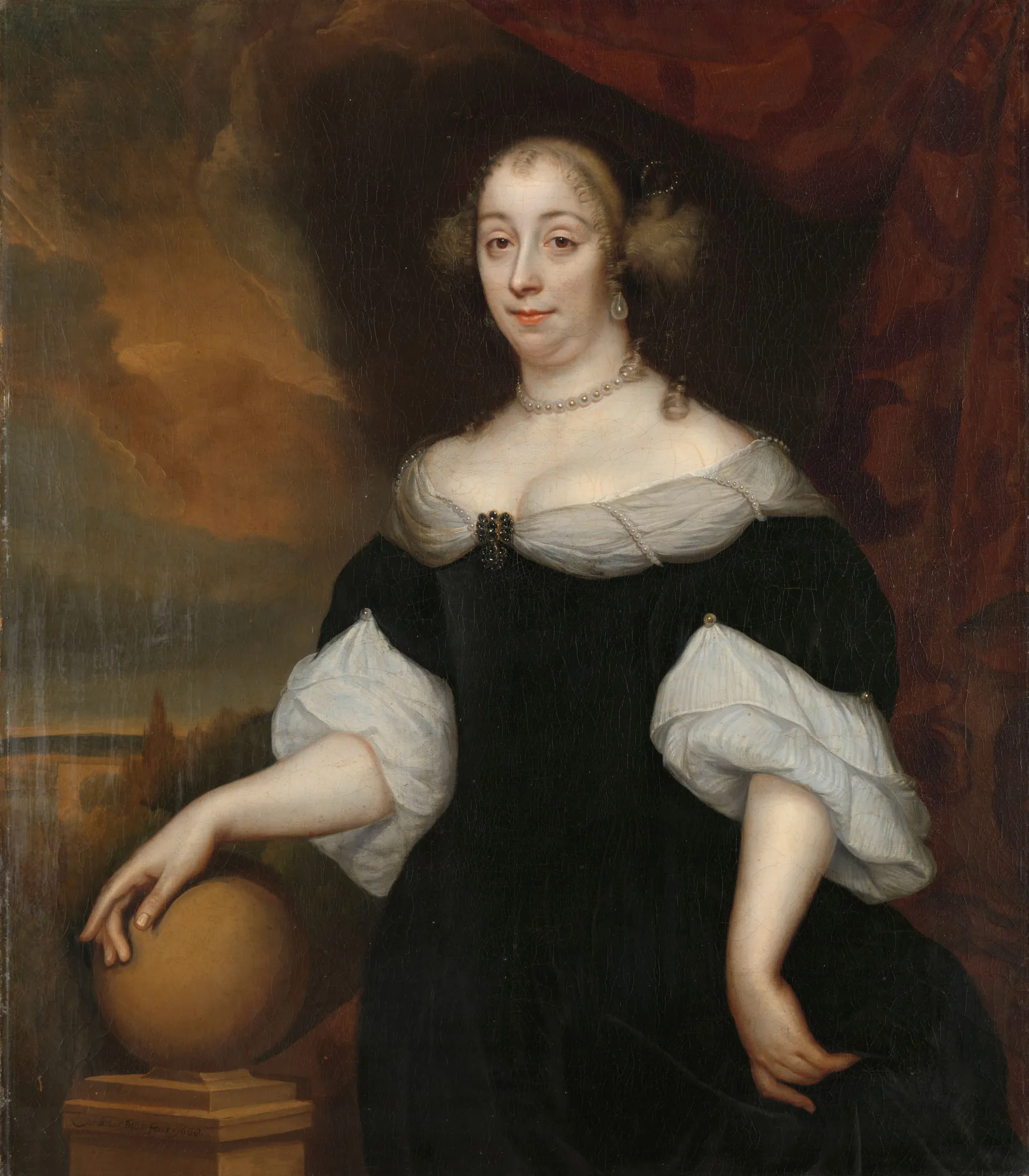 Margaretha Munter Margaretha Munter by Lambertus Jansz. de Hue. A three-quarter length portrait of a woman in a black dress with voluminous white sleeves, resting her hand on a golden sphere against a background of red drapery and a cloudy landscape.