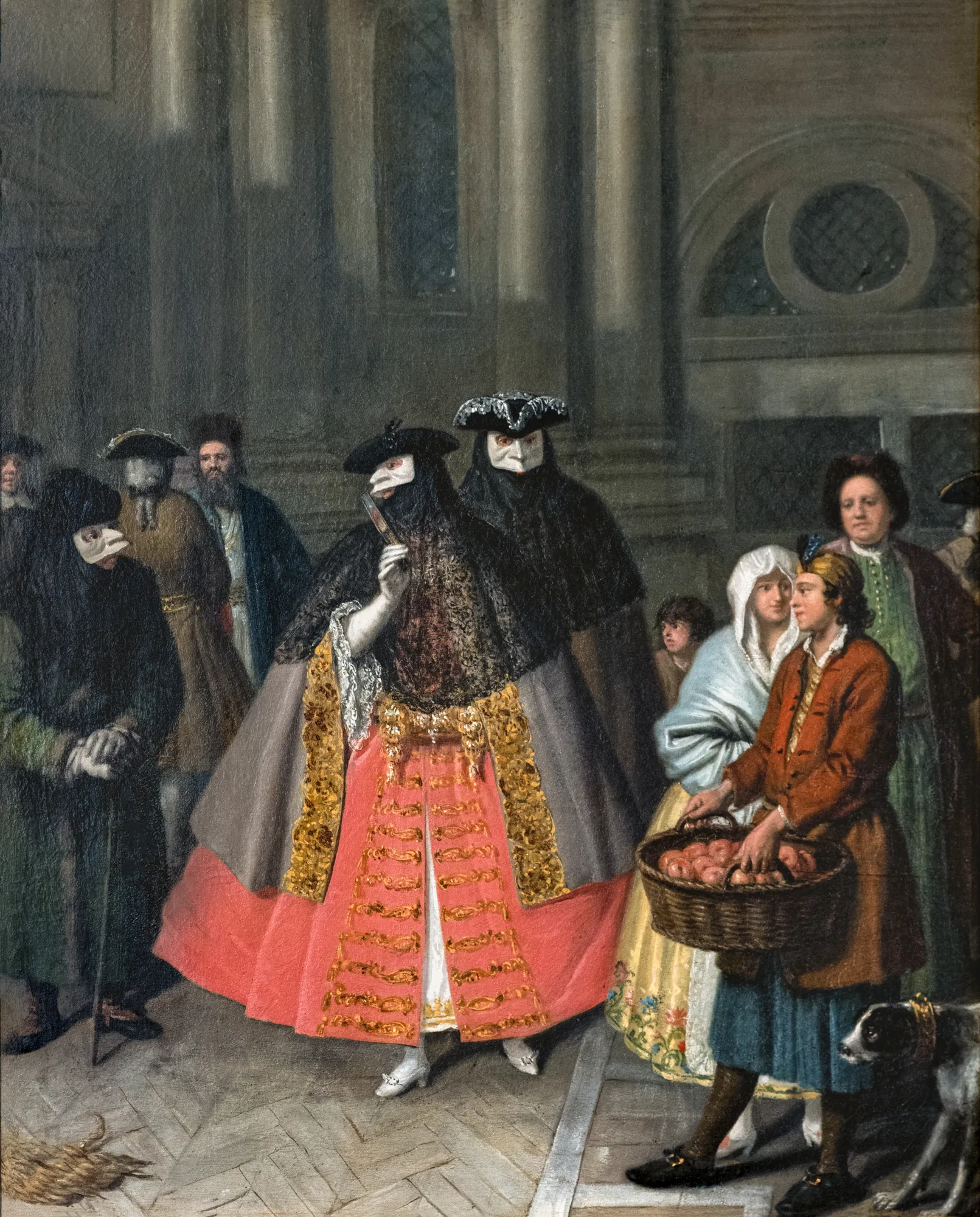 Colloquy Between Masks Colloquy Between Masks by Pietro Longhi. An 18th-century Venetian street scene featuring figures in traditional white Bauta masks and black capes conversing near a fruit seller.