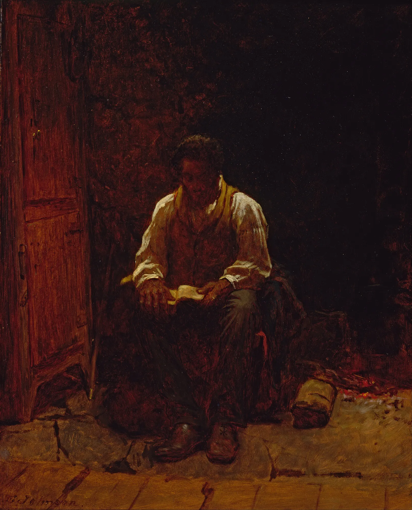 The Lord is My Shepherd The Lord is My Shepherd by Eastman Johnson. An African American man sits in a dimly lit, rustic interior, intently reading a small book by the light of a hidden source.