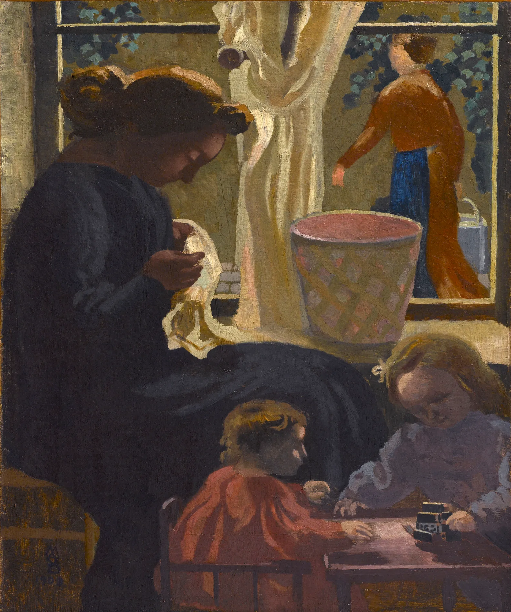 Intimité (Mending by the Window) Intimité (Mending by the Window) by Maurice Denis. A woman in profile sews by a window while two young children play at a table in the foreground and another figure passes by outside.