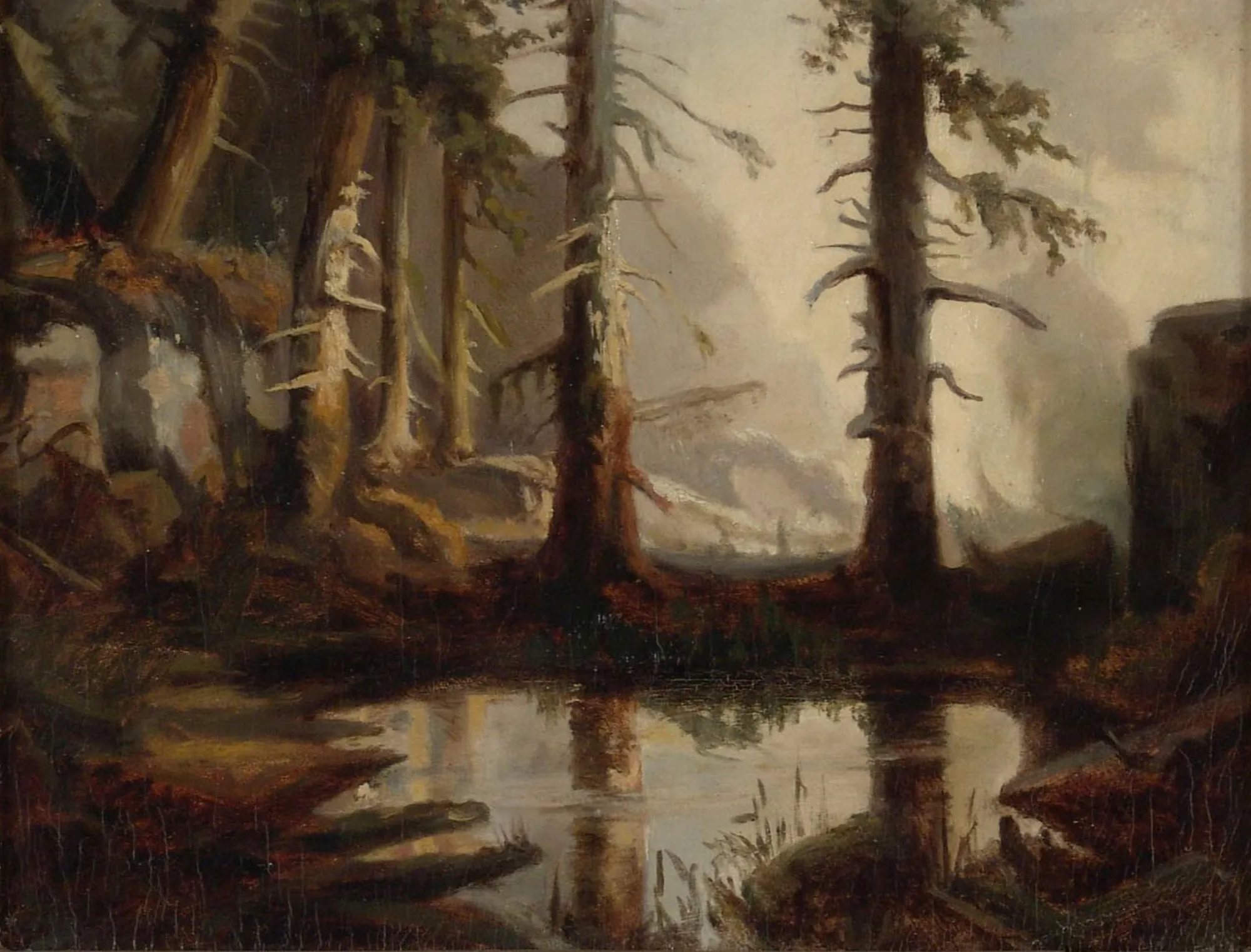 A Forest Pond A Forest Pond by Fanny Churberg. A moody oil painting of a still pond deep in a forest, surrounded by tall, skeletal pine trees under a hazy, overcast sky.