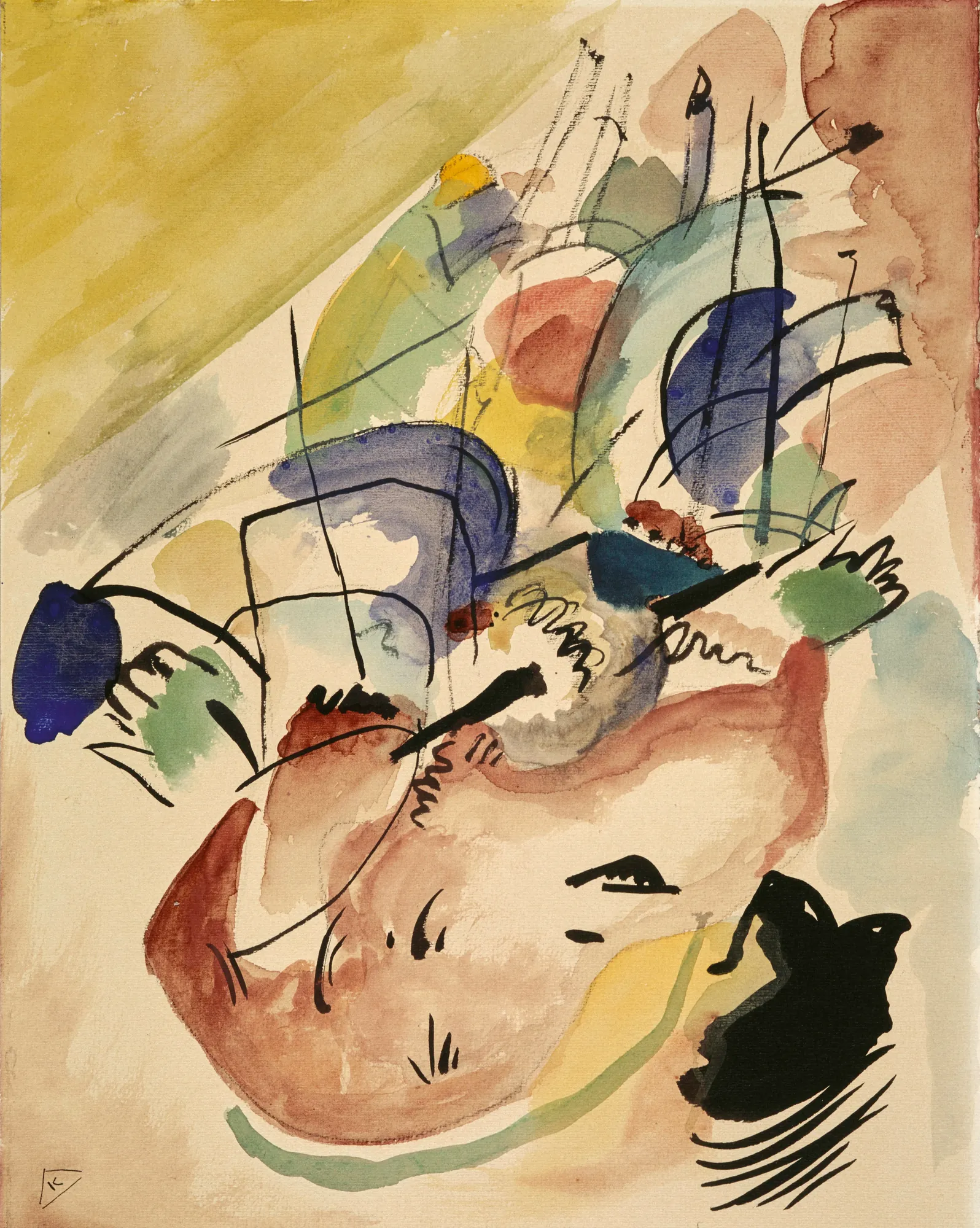 Study for Improvisation 31 (Seeschlacht) Study for Improvisation 31 (Seeschlacht) by Wassily Kandinsky. An abstract watercolor composition featuring dynamic black ink lines, suggested nautical forms, and atmospheric washes of yellow, violet, and brown.