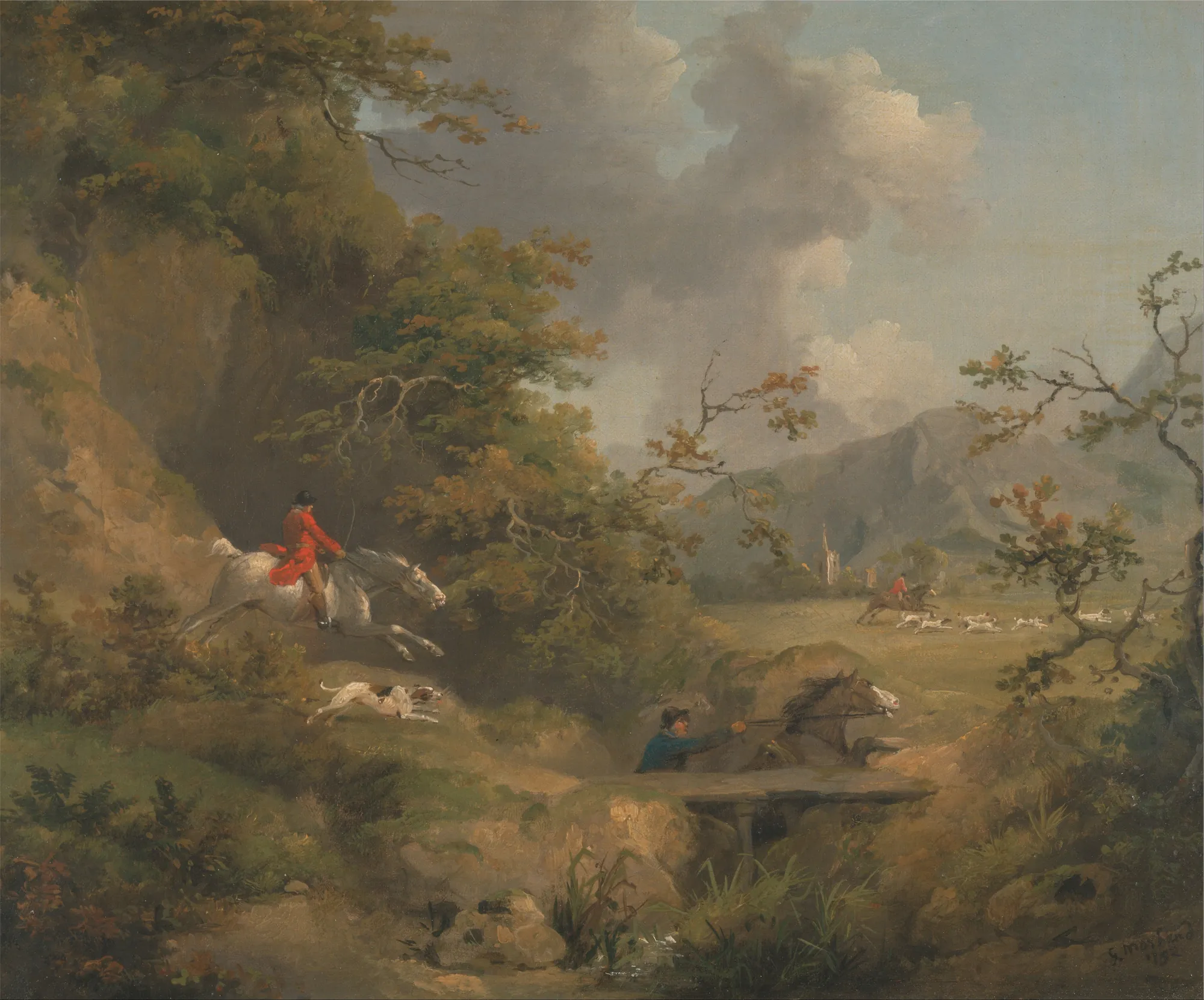 Foxhunting in Hilly Country Foxhunting in Hilly Country by George Morland. A dynamic scene of foxhunters and hounds navigating a hilly, wooded landscape under a dramatic cloudy sky.