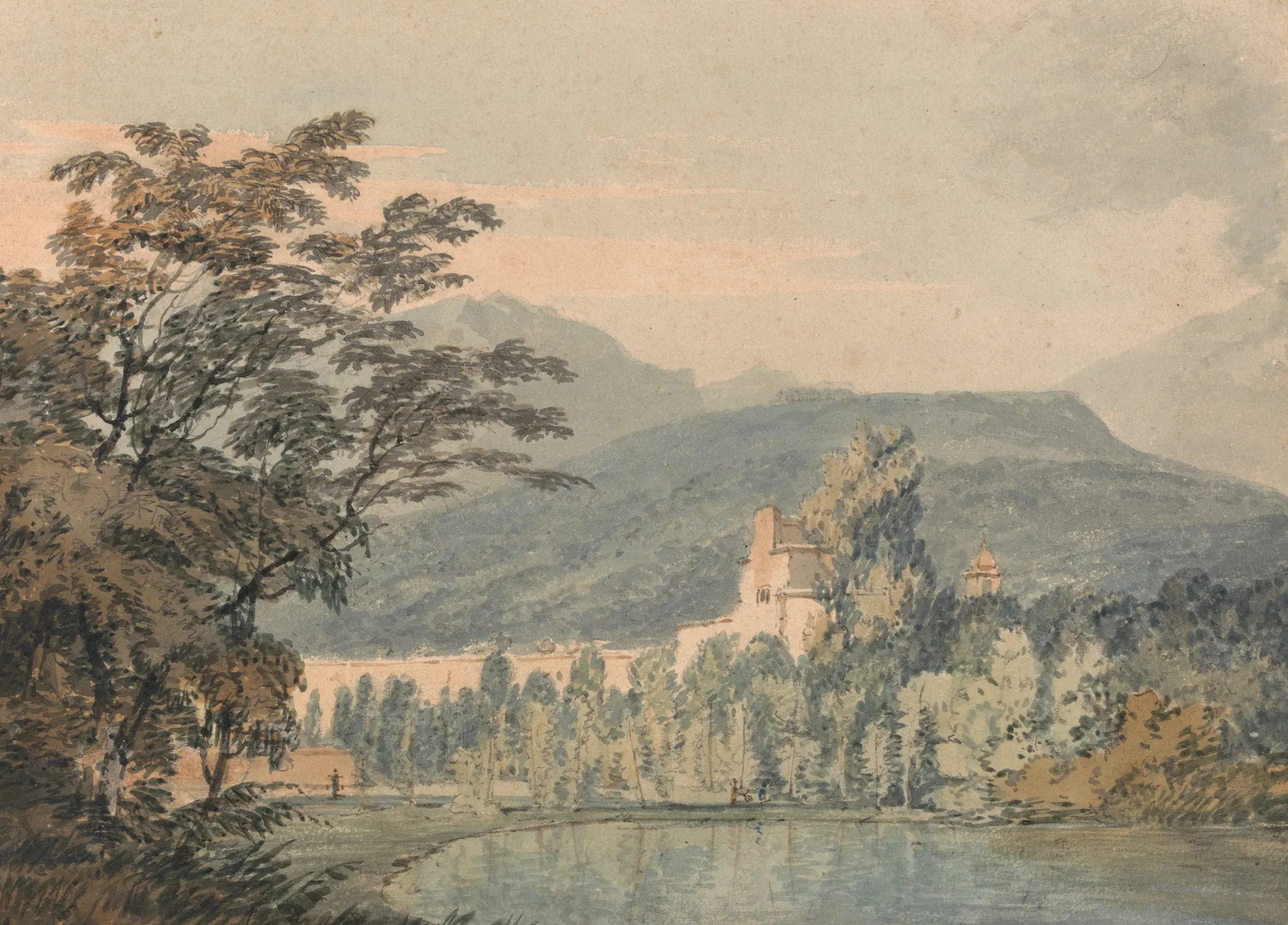 Sir William Hamilton's Villa Sir William Hamilton's Villa by J. M. W. Turner. A serene watercolor landscape featuring a distant villa nestled among lush trees before a backdrop of hazy mountains and a quiet body of water in the foreground.
