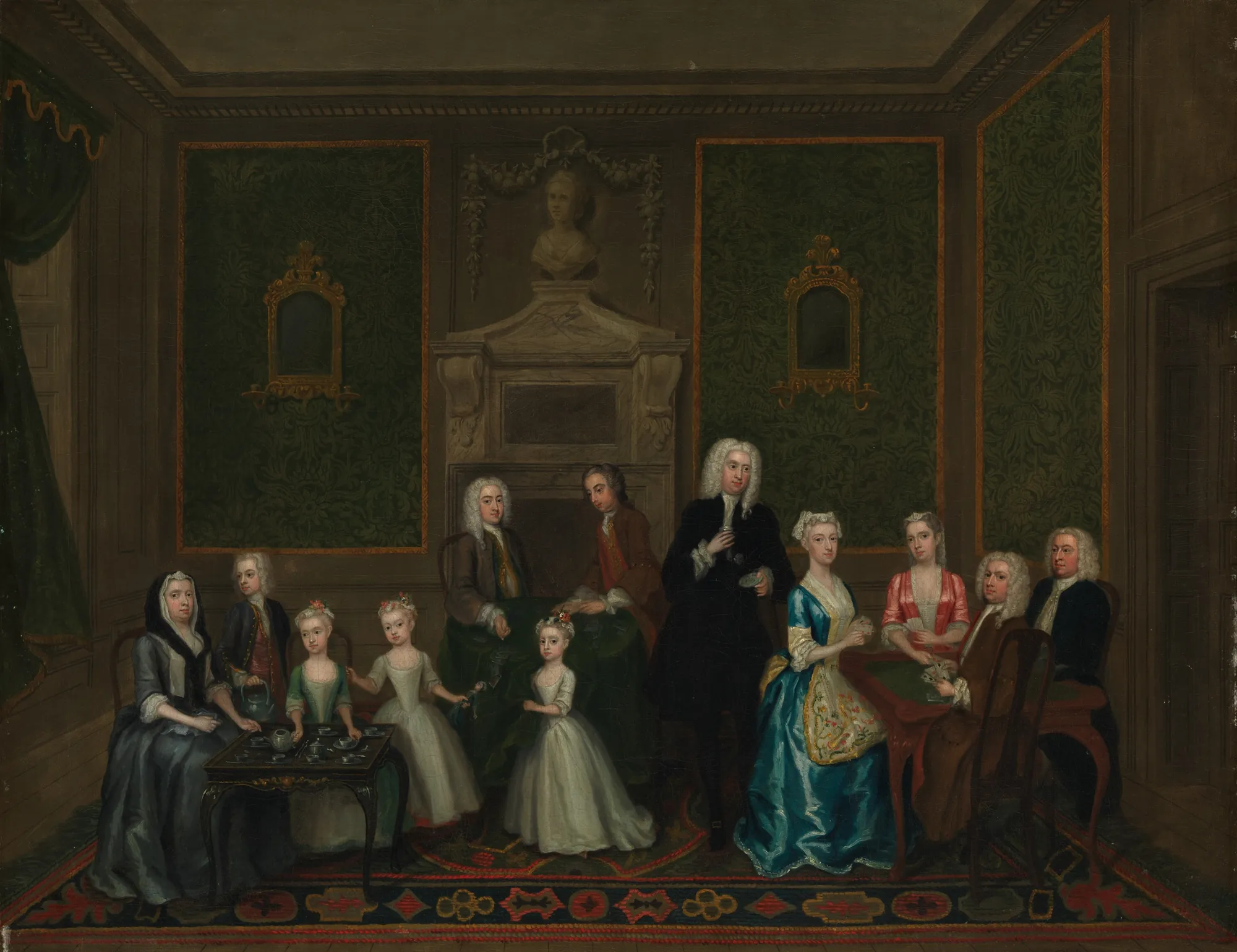 The Strong Family The Strong Family by Charles Philips. A large multi-generational family portrait set in a grand drawing room with green damask walls and classical architecture.