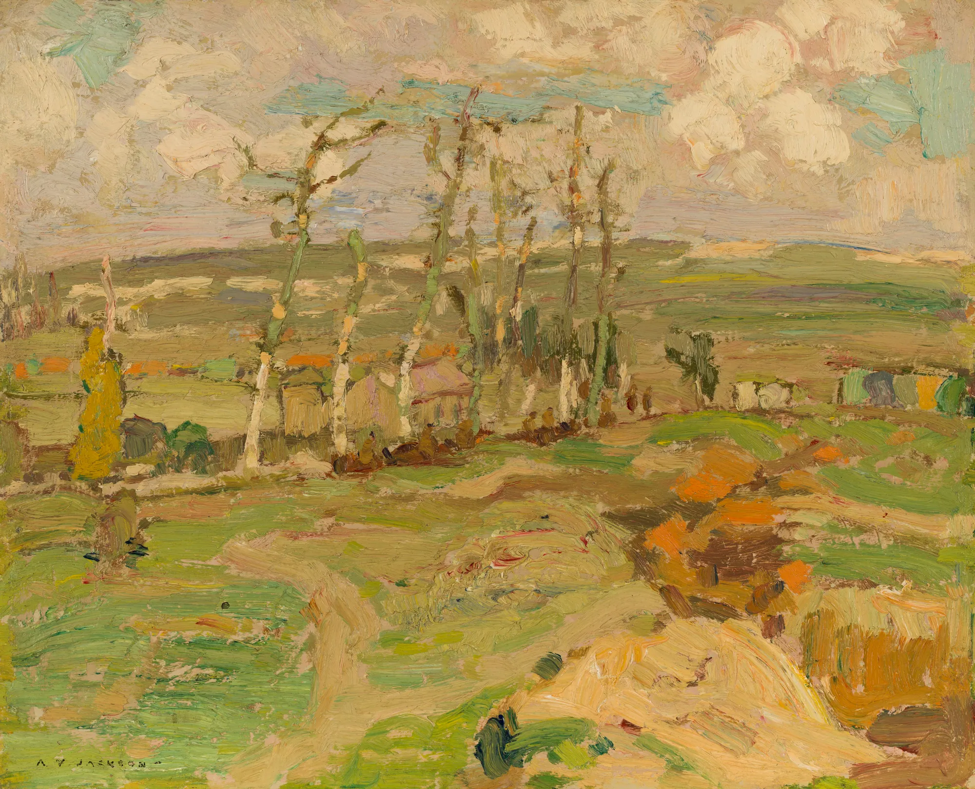 Study for Vimy Ridge from Souchez Valley Study for Vimy Ridge from Souchez Valley by A. Y. Jackson. An impressionistic landscape painting featuring a row of thin, sparse trees in the mid-ground overlooking a valley with distant hills and a cloudy sky.