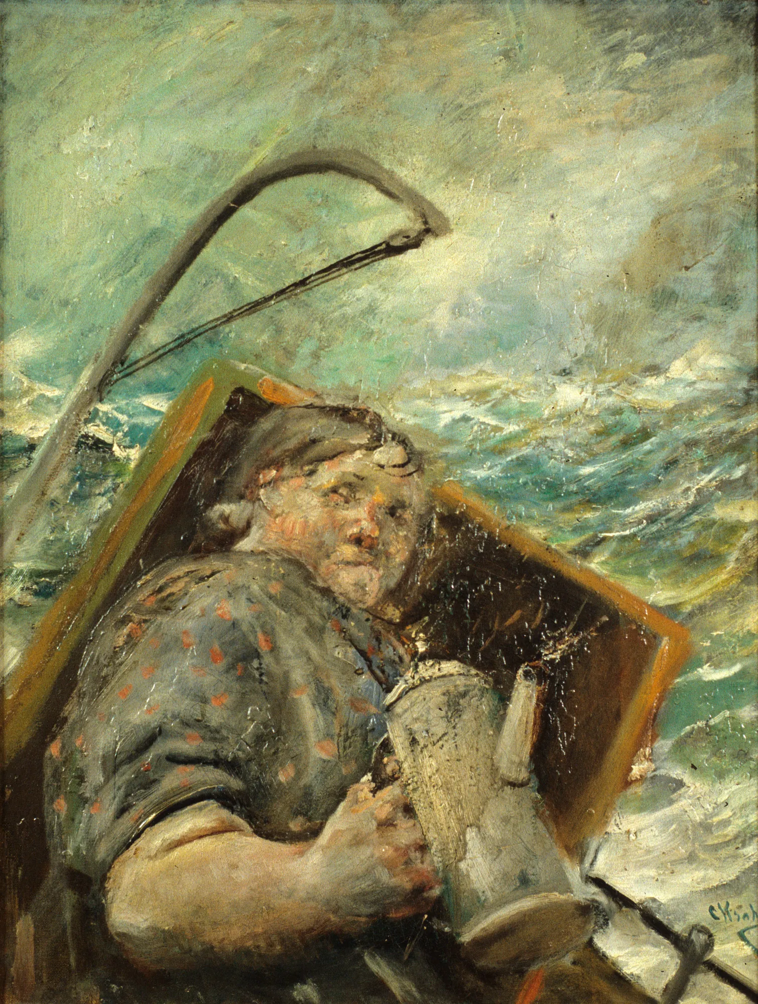 Trise i arbeid (Trissa) Trise i arbeid (Trissa) by Christian Krohg. An oil painting of a woman on a ship balancing a large coffee pot against a backdrop of a turbulent sea and an overcast sky.