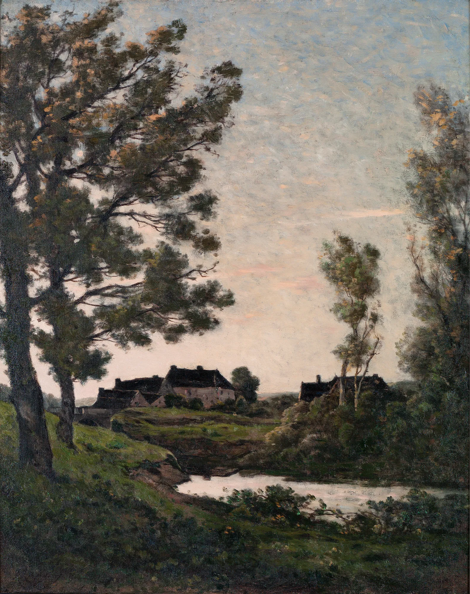 La Rigole à St. Privé, Yonne (Rivulet at St. Privé, Yonne) La Rigole à St. Privé, Yonne (Rivulet at St. Privé, Yonne) by Henri Harpignies. A tranquil landscape featuring tall, slender trees framing a view of a small river and a cluster of stone houses under a soft, overcast sky.